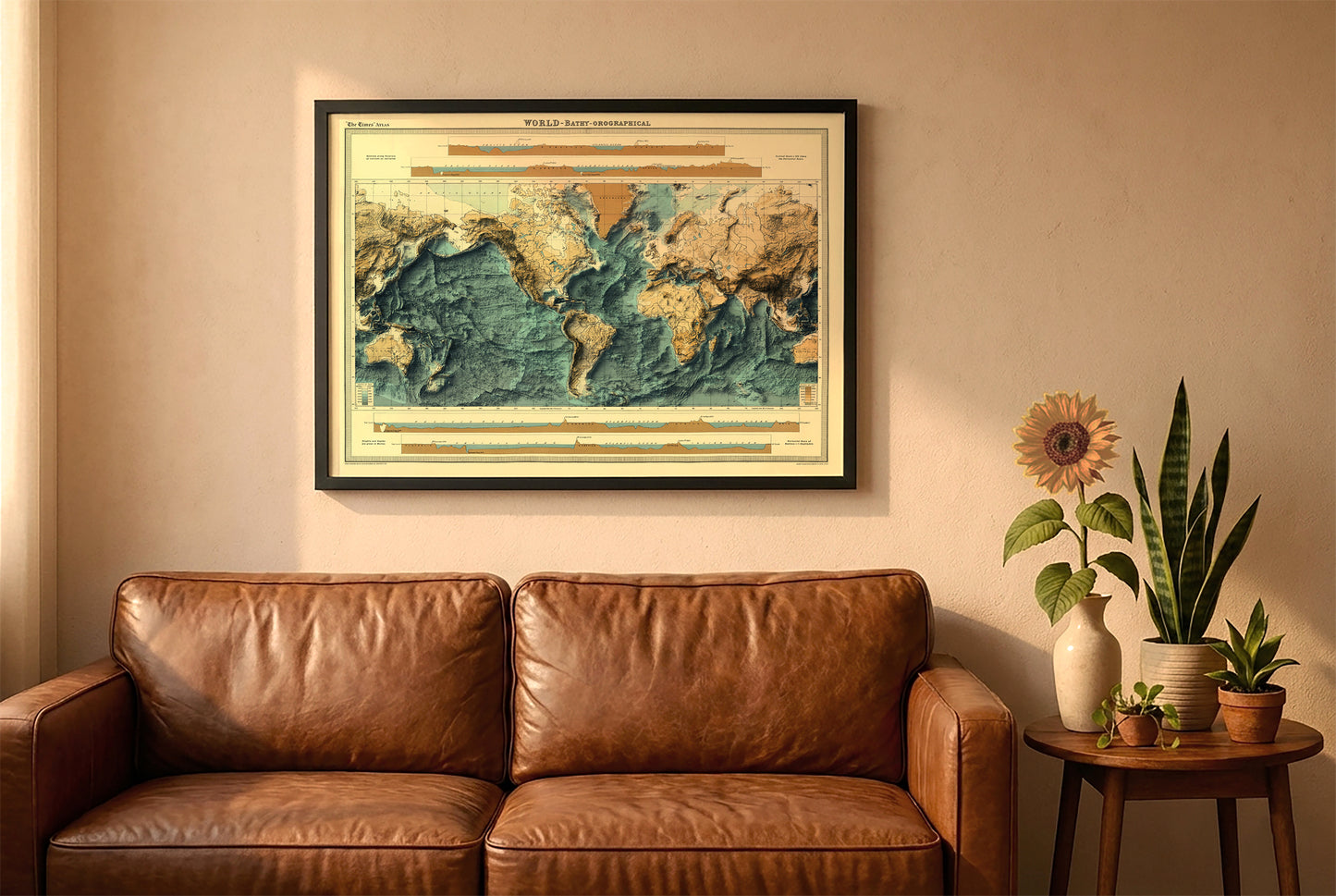 Vintage world relief map in a black frame above a brown leather sofa. Boho living room with warm sunlight, sunflower, and indoor plants on a wooden side table