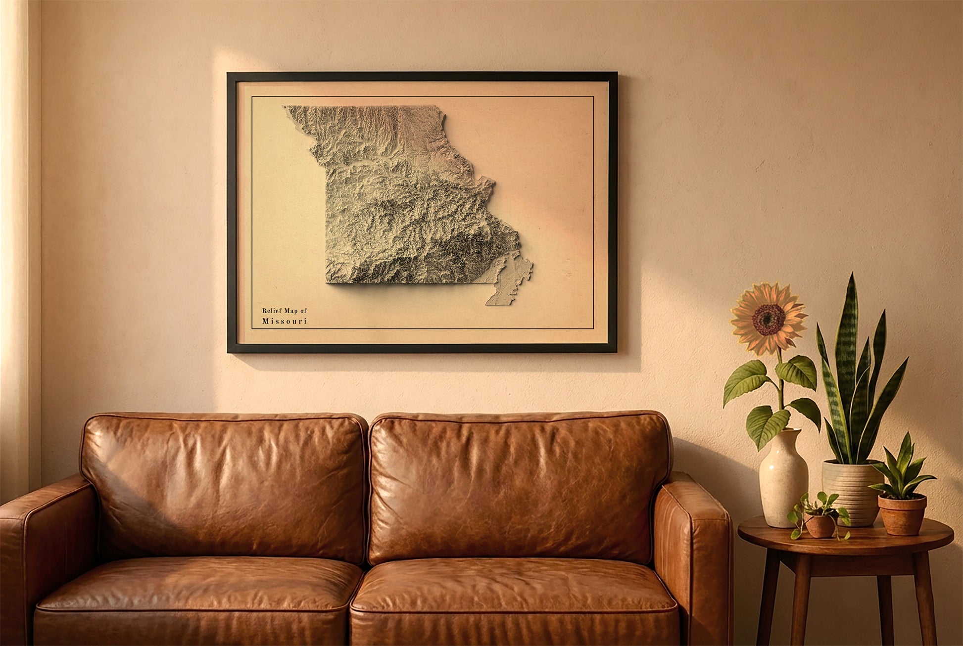 Missouri vintage relief map in a black frame above a brown leather sofa. Boho living room with warm sunlight, sunflower, and indoor plants on a wooden side table