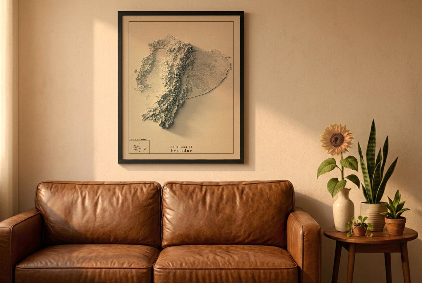 Ecuador vintage relief map in a black frame above a brown leather sofa. Boho living room with warm sunlight, sunflower, and indoor plants on a wooden side table
