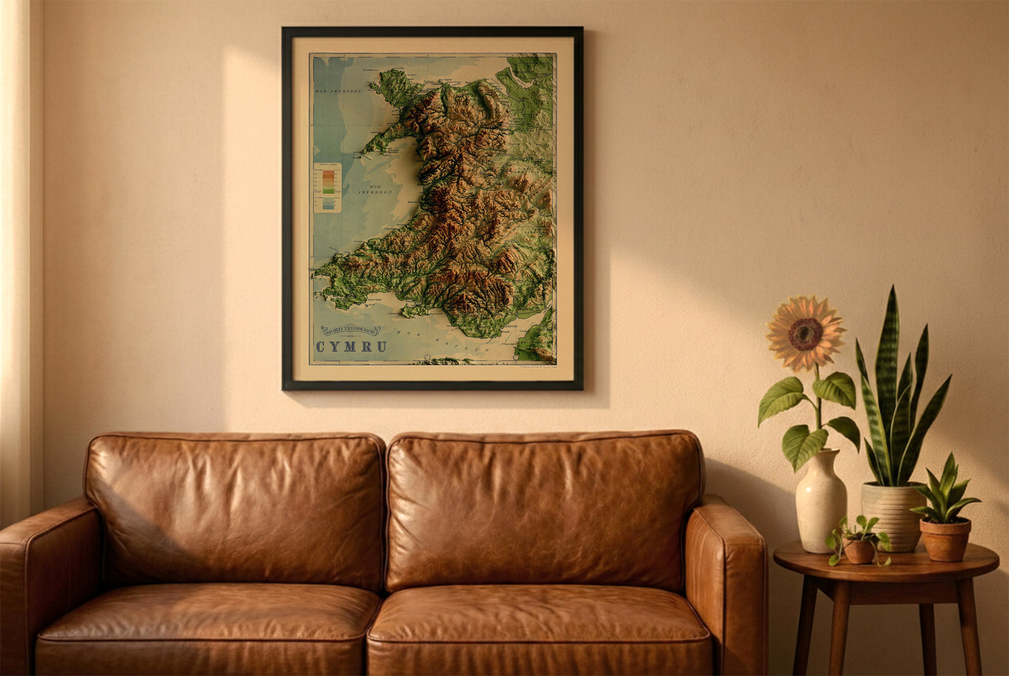 Wales vintage relief map in a black frame above a brown leather sofa. Boho living room with warm sunlight, sunflower, and indoor plants on a wooden side table