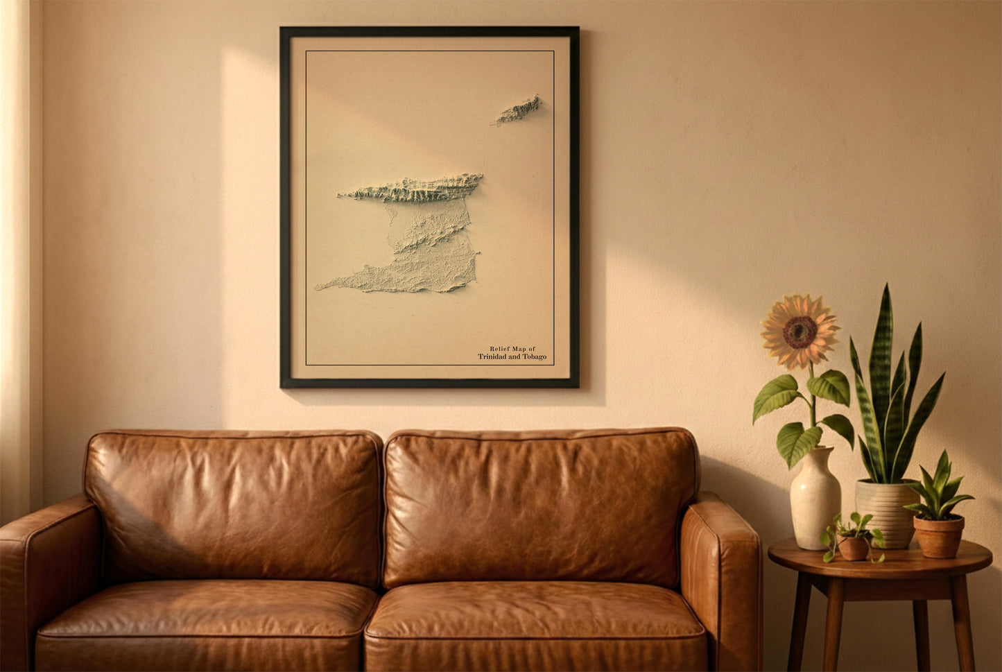 Trinidad and Tobago vintage relief map in a black frame above a brown leather sofa. Boho living room with warm sunlight, sunflower, and indoor plants on a wooden side table