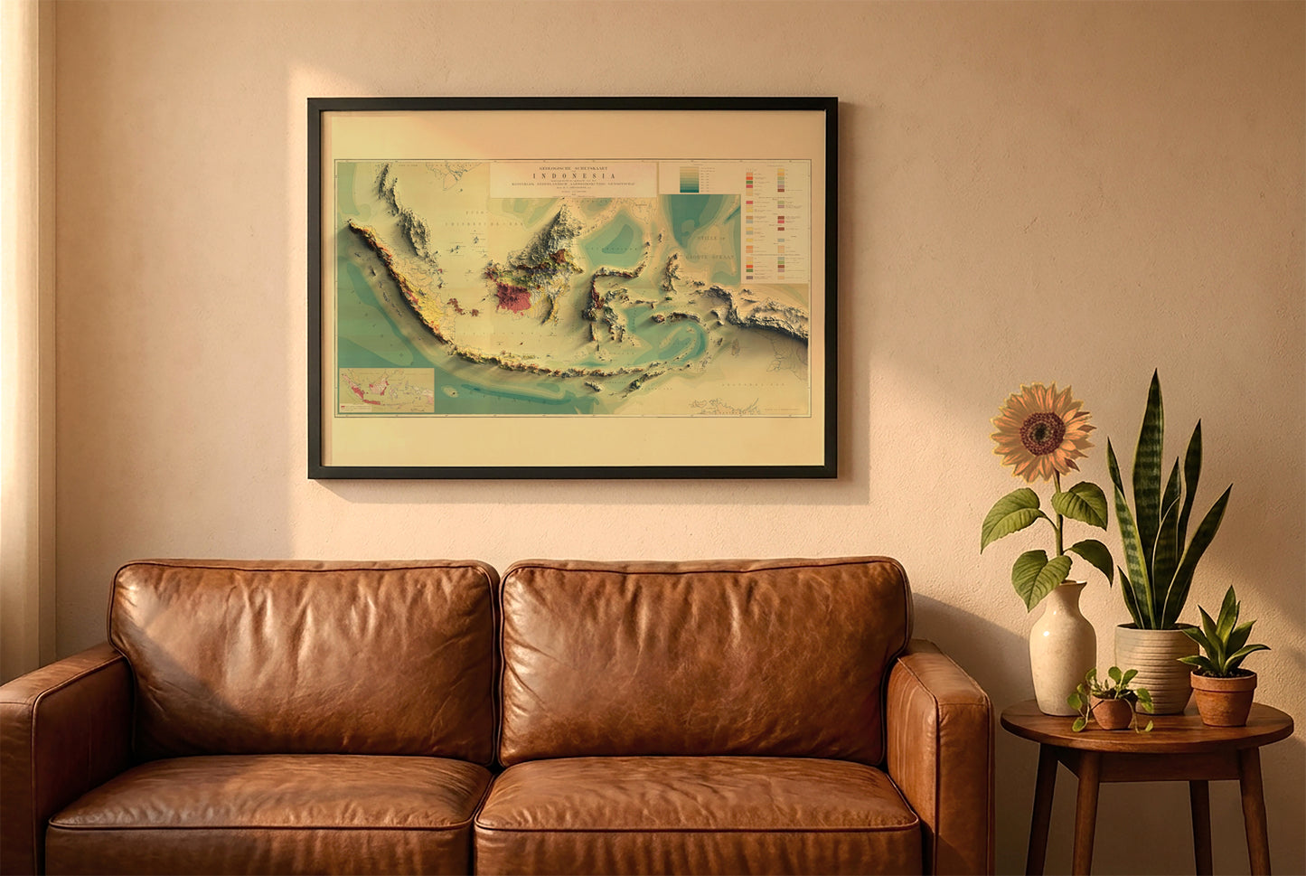 Indonesia vintage relief map in a black frame above a brown leather sofa. Boho living room with warm sunlight, sunflower, and indoor plants on a wooden side table