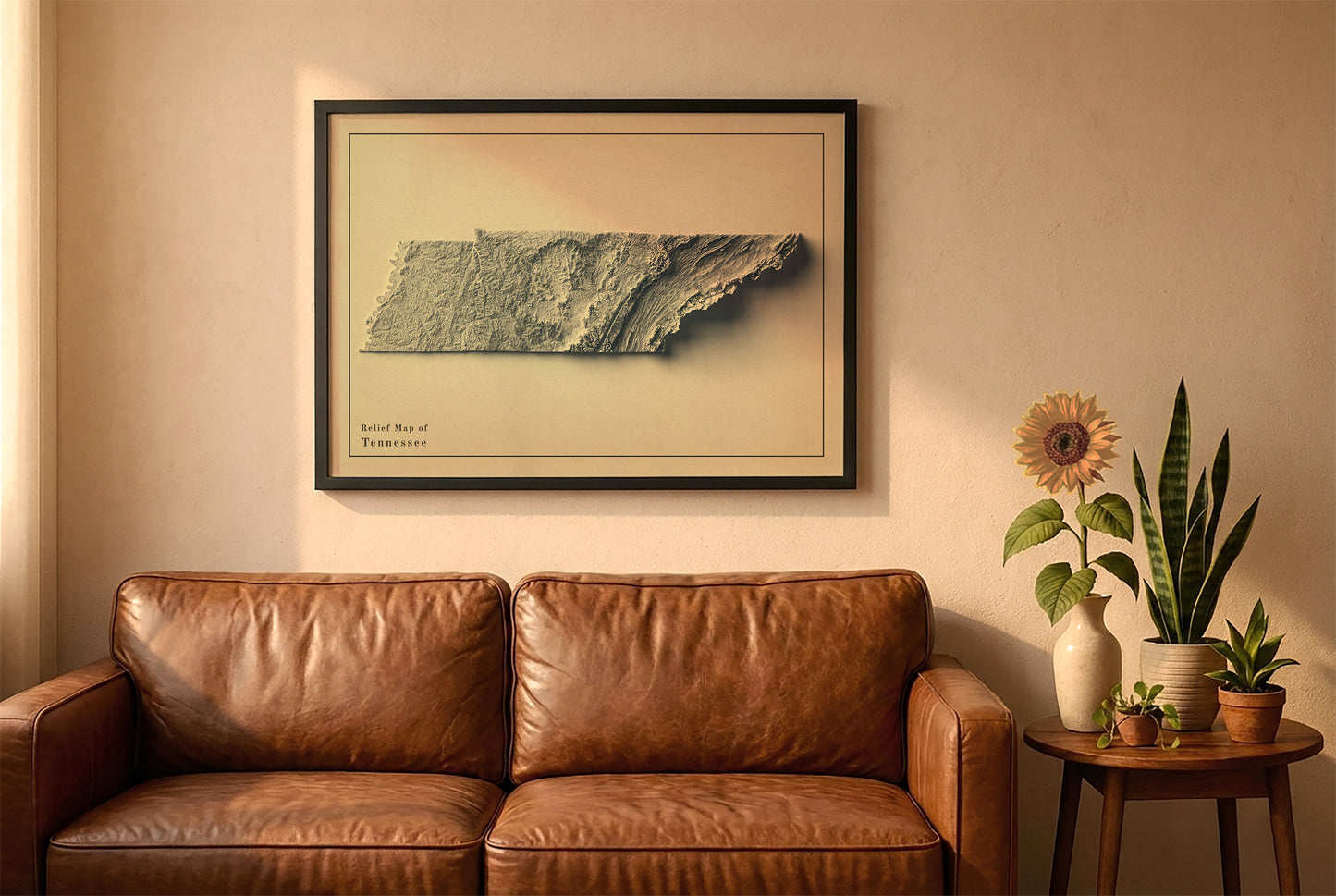 Tennessee vintage relief map in a black frame above a brown leather sofa. Boho living room with warm sunlight, sunflower, and indoor plants on a wooden side table