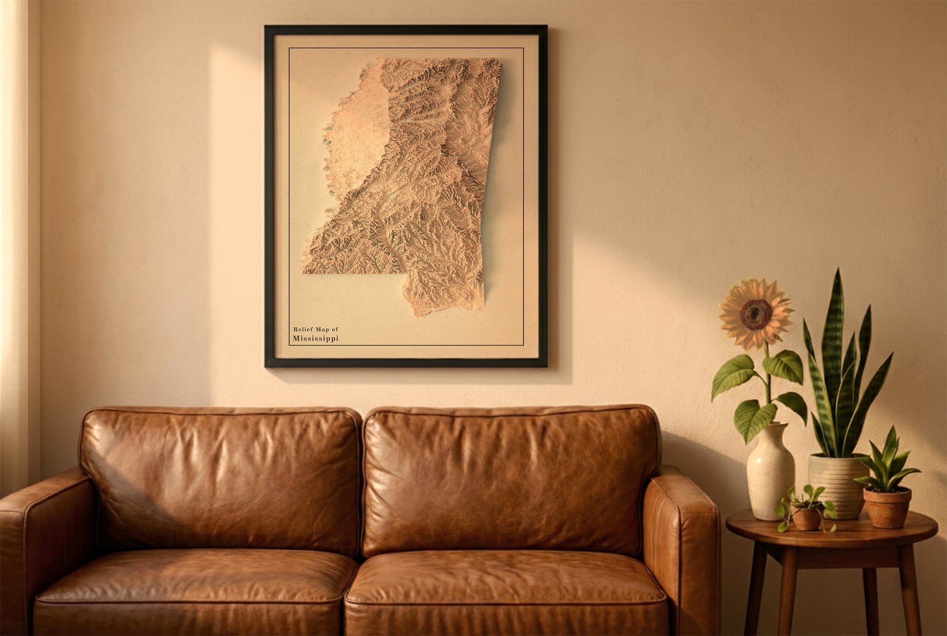 Mississippi vintage relief map in a black frame above a brown leather sofa. Boho living room with warm sunlight, sunflower, and indoor plants on a wooden side table