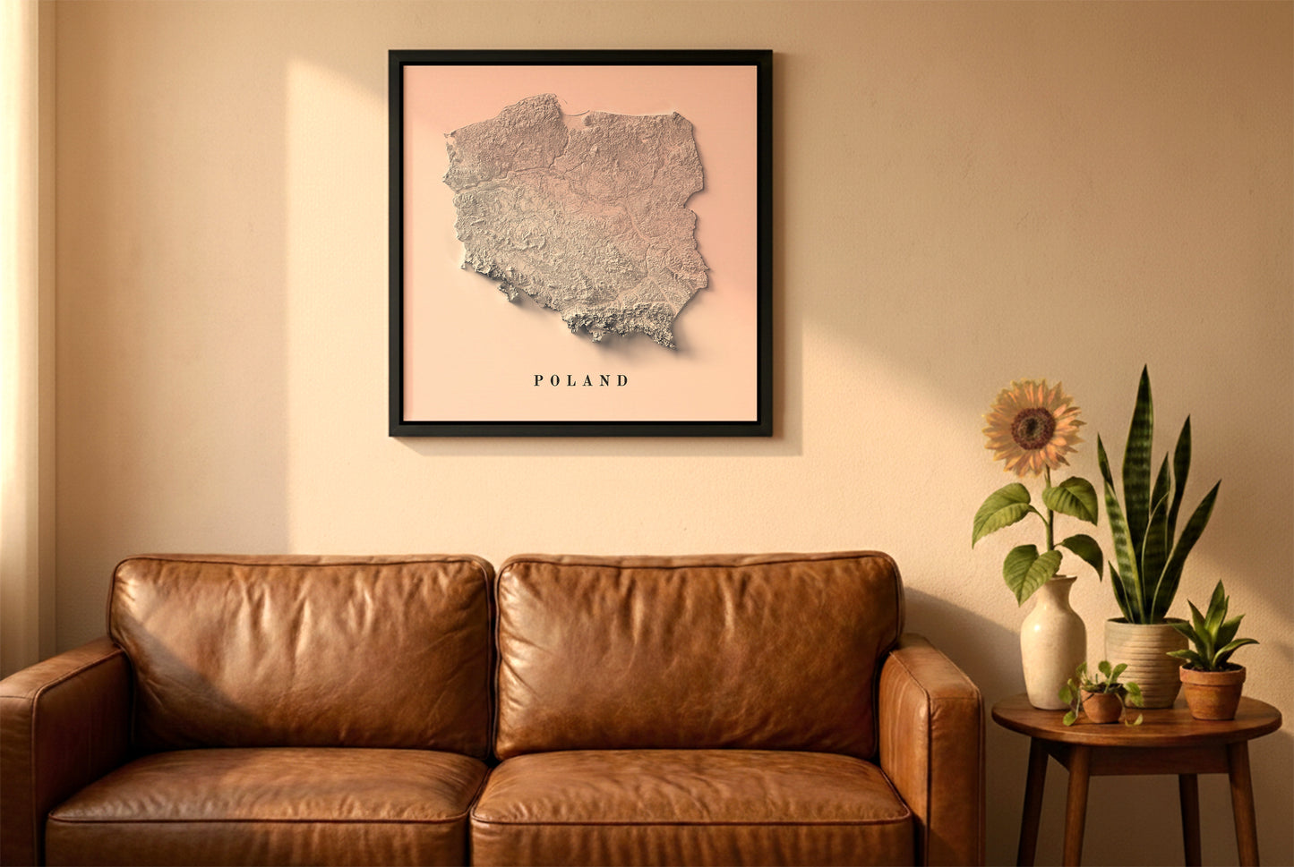 Poland relief map in a black frame above a brown leather sofa. Boho living room with warm sunlight, sunflower, and indoor plants on a wooden side table