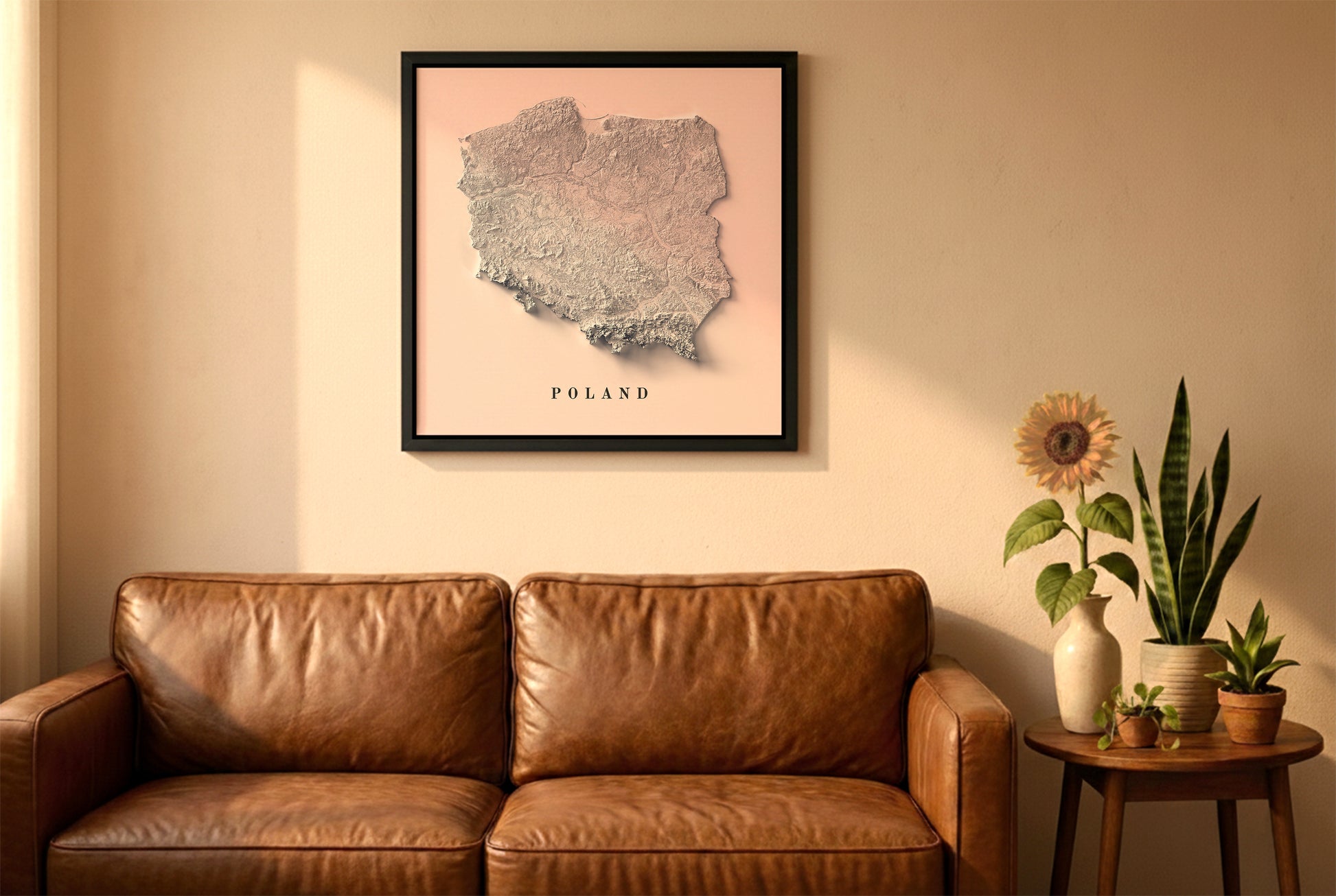 Poland relief map in a black frame above a brown leather sofa. Boho living room with warm sunlight, sunflower, and indoor plants on a wooden side table