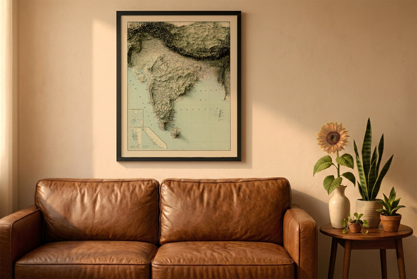 India vintage relief map in a black frame above a brown leather sofa. Boho living room with warm sunlight, sunflower, and indoor plants on a wooden side table
