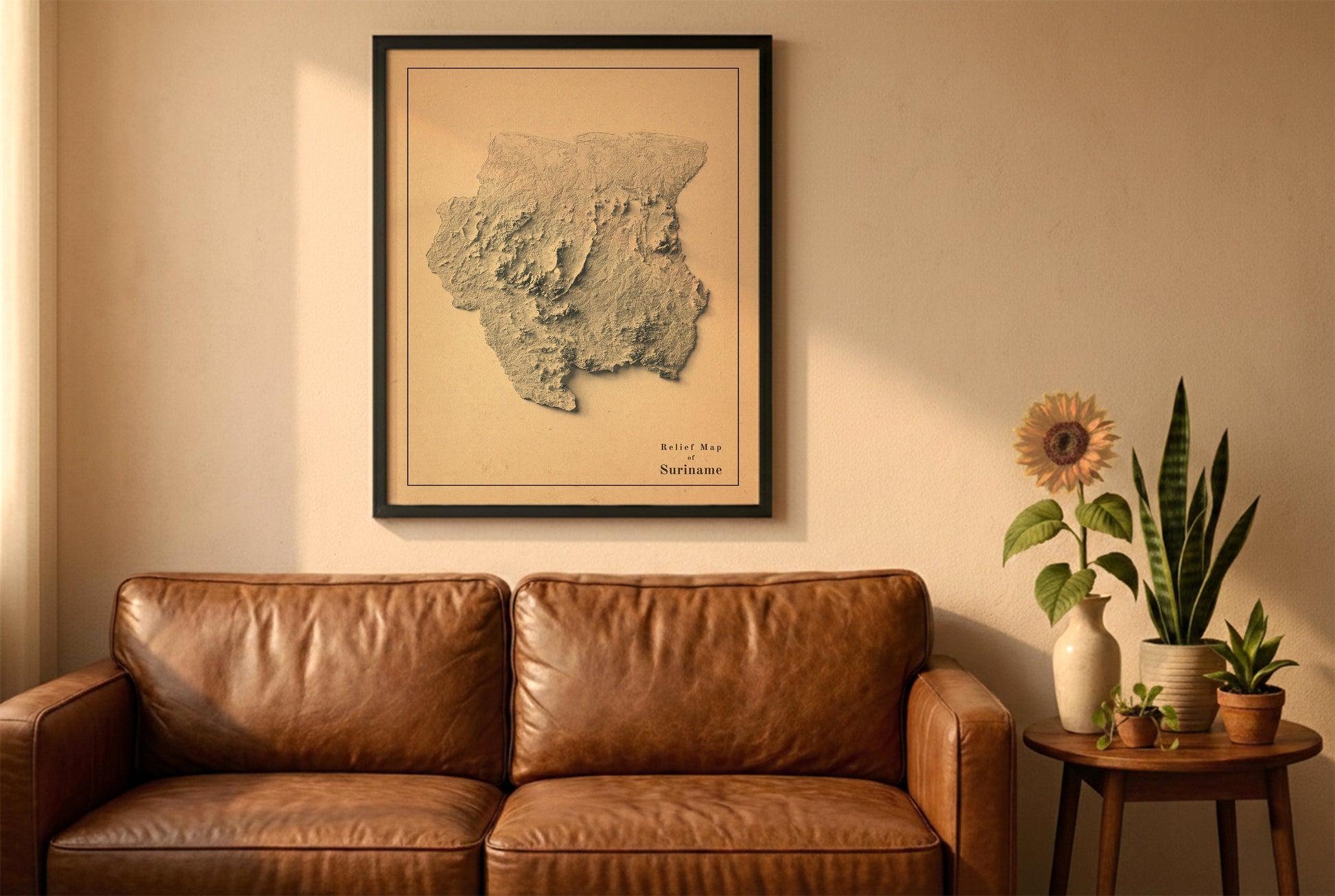 Suriname vintage relief map in a black frame above a brown leather sofa. Boho living room with warm sunlight, sunflower, and indoor plants on a wooden side table