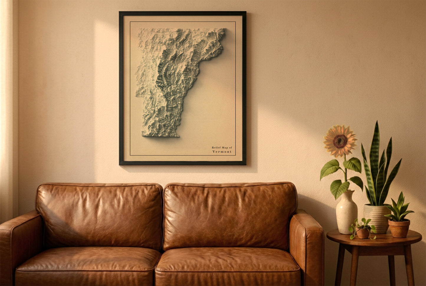 Vermont vintage relief map in a black frame above a brown leather sofa. Boho living room with warm sunlight, sunflower, and indoor plants on a wooden side table