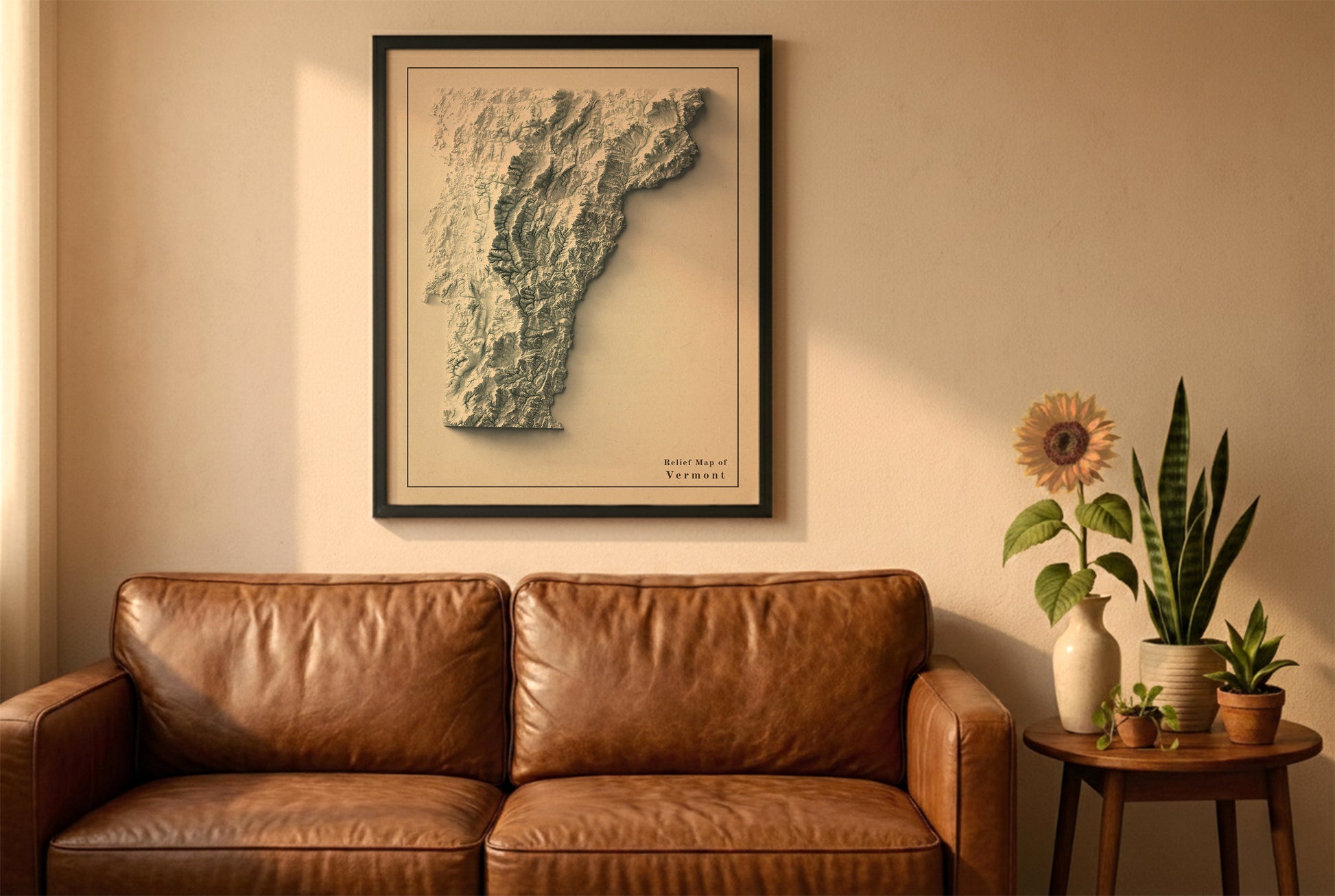 Vermont vintage relief map in a black frame above a brown leather sofa. Boho living room with warm sunlight, sunflower, and indoor plants on a wooden side table
