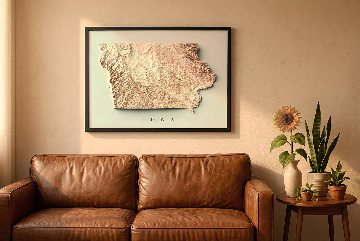 Iowa relief map in a black frame above a brown leather sofa. Boho living room with warm sunlight, sunflower, and indoor plants on a wooden side table