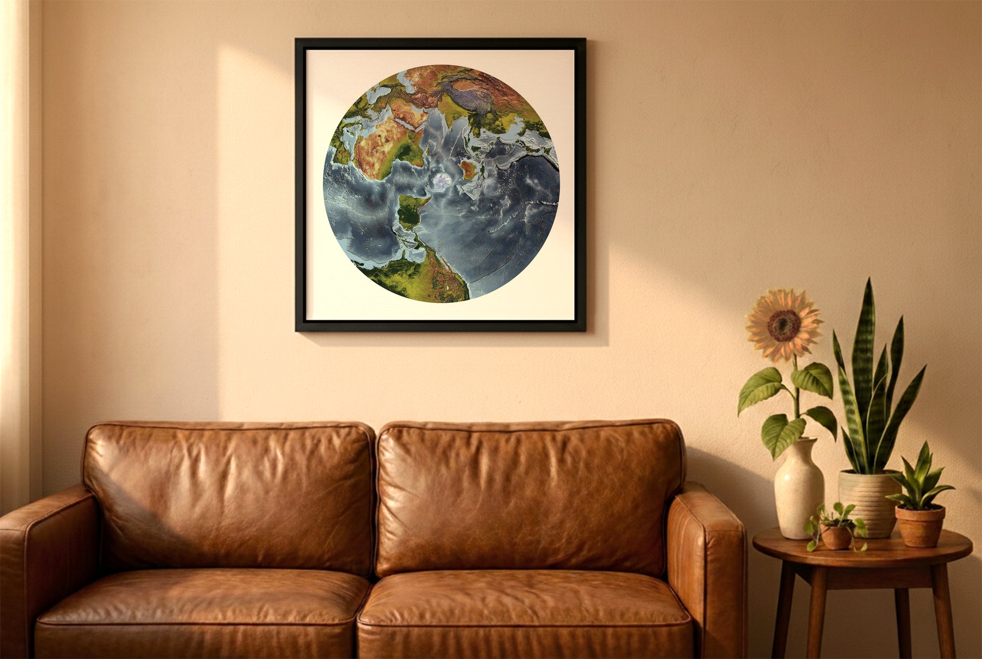 World relief map in australian antarctic polar projection in a black frame above a brown leather sofa. Boho living room with warm sunlight, sunflower, and indoor plants on a wooden side table