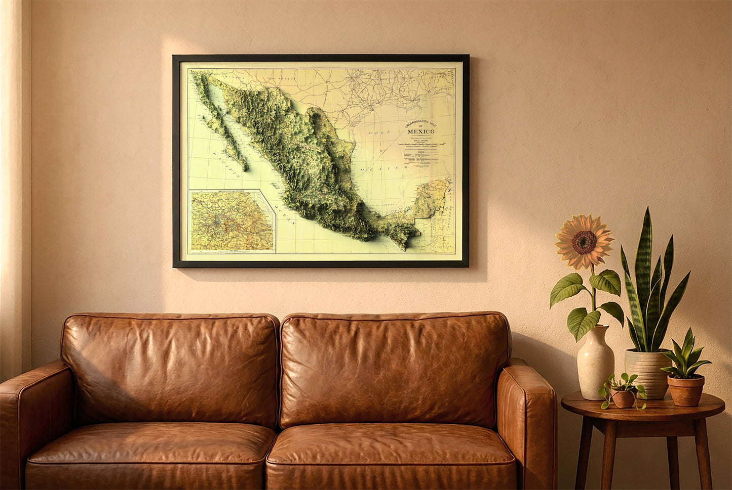 Mexico vintage relief map in a black frame above a brown leather sofa. Boho living room with warm sunlight, sunflower, and indoor plants on a wooden side table