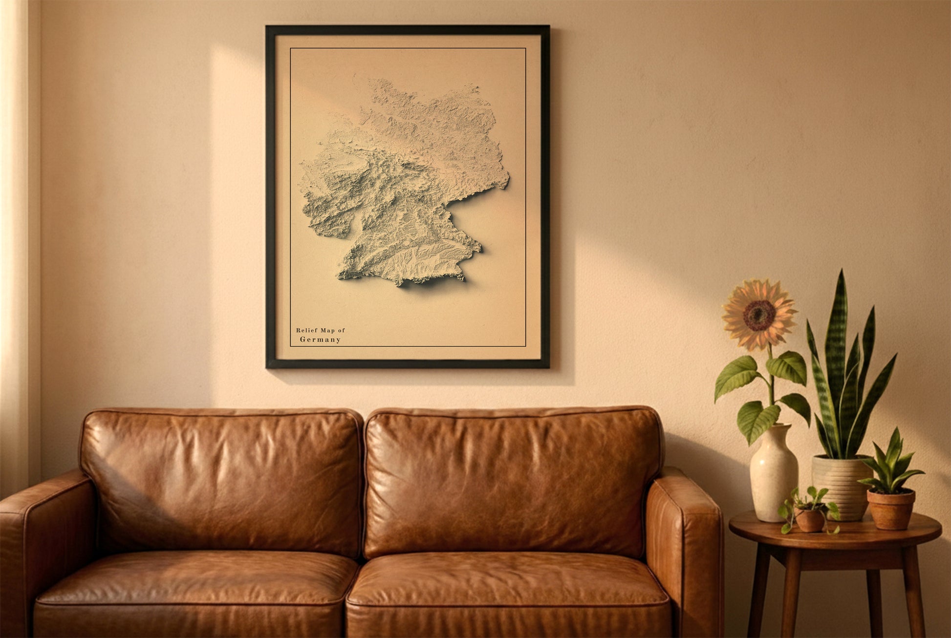 Germany vintage relief map in a black frame above a brown leather sofa. Boho living room with warm sunlight, sunflower, and indoor plants on a wooden side table