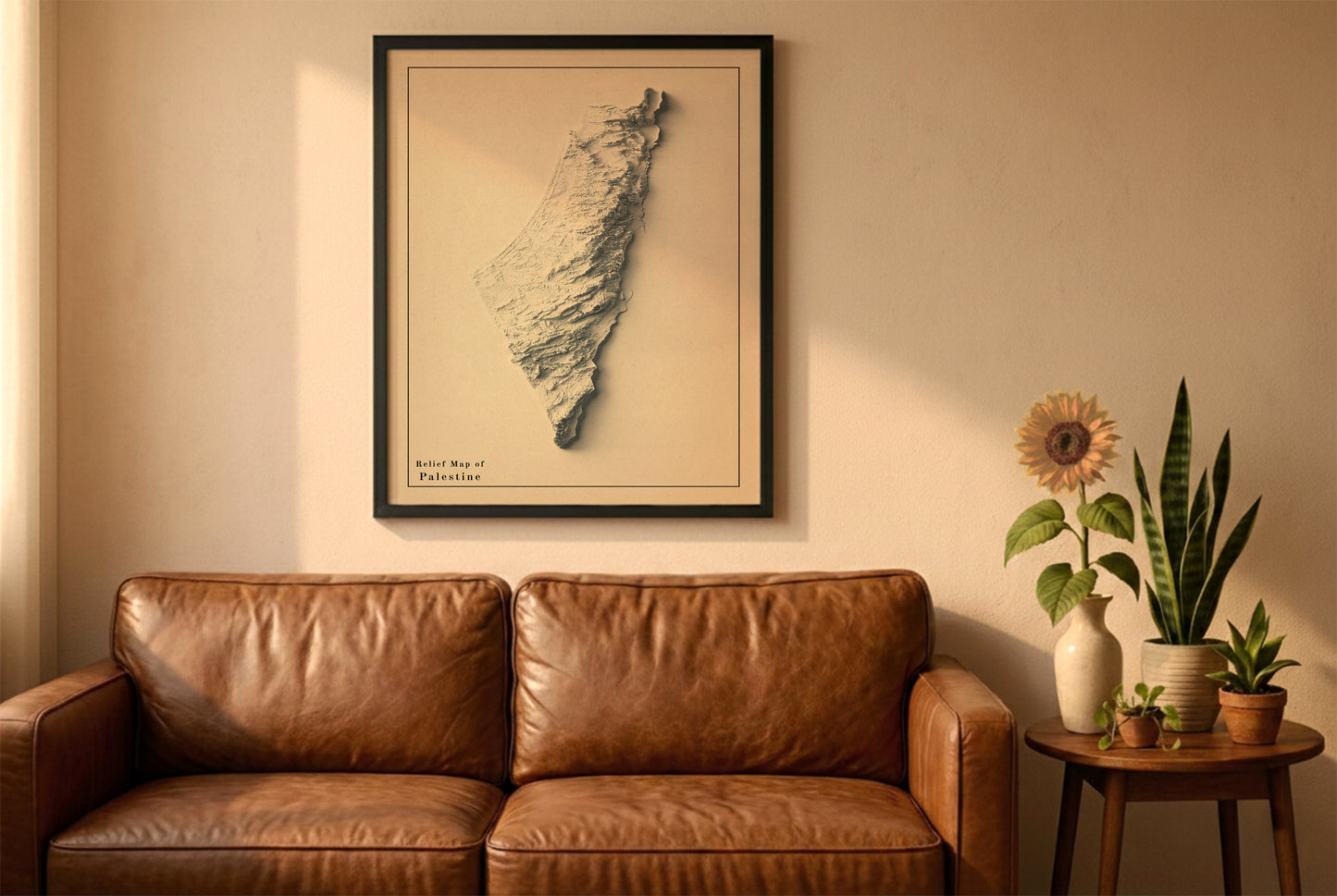 Palestine vintage relief map in a black frame above a brown leather sofa. Boho living room with warm sunlight, sunflower, and indoor plants on a wooden side table