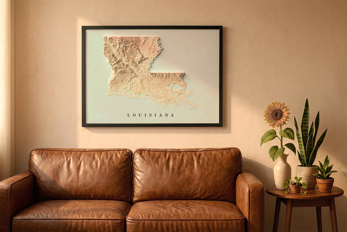 Louisiana relief map in a black frame above a brown leather sofa. Boho living room with warm sunlight, sunflower, and indoor plants on a wooden side table