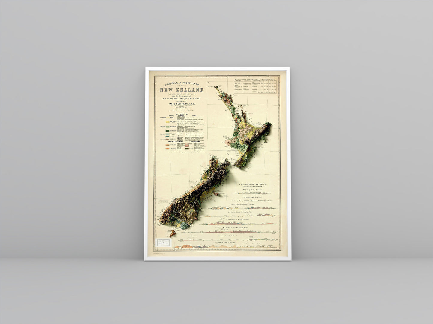 New Zealand vintage framed shaded relief map in white frame. Artistic print highlighting mountains with a realistic 3d effect