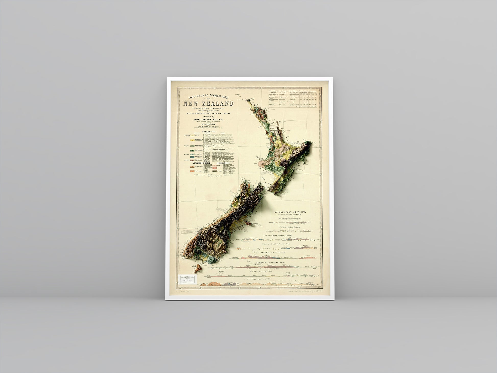 New Zealand vintage framed shaded relief map in white frame. Artistic print highlighting mountains with a realistic 3d effect