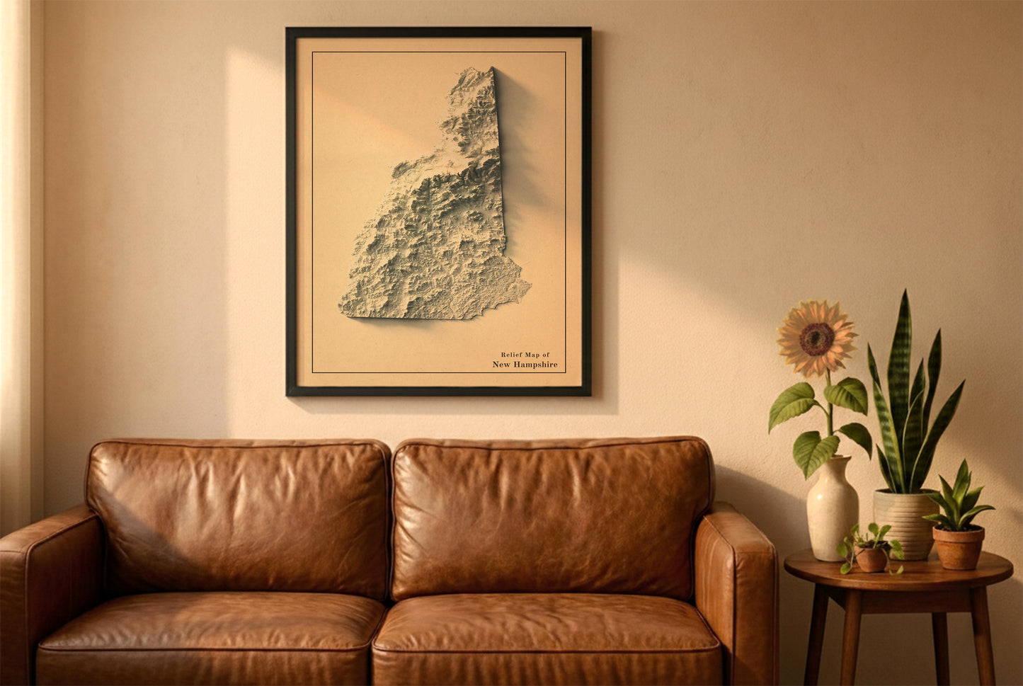 New Hampshire vintage relief map in a black frame above a brown leather sofa. Boho living room with warm sunlight, sunflower, and indoor plants on a wooden side table
