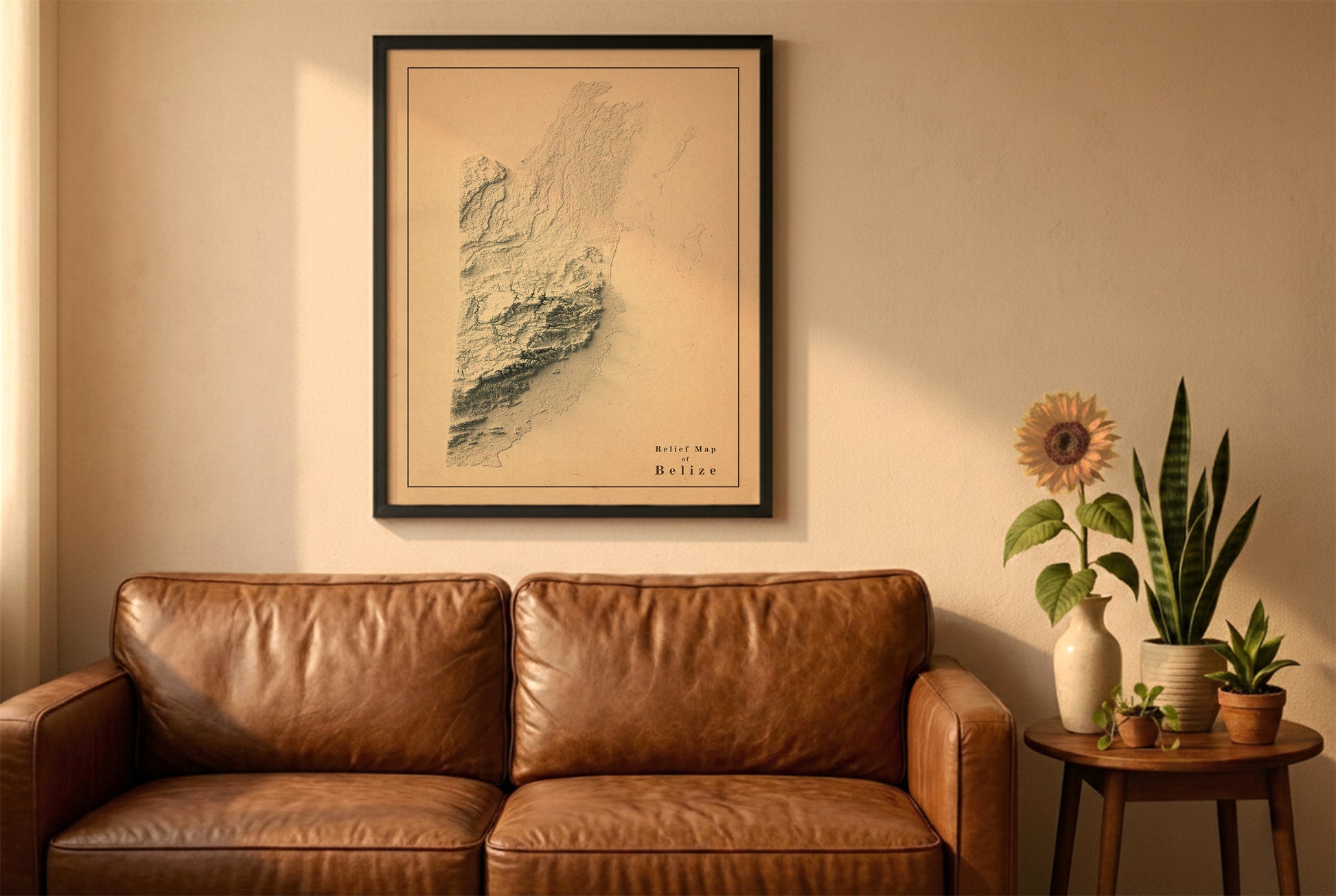 Belize vintage relief map in a black frame above a brown leather sofa. Boho living room with warm sunlight, sunflower, and indoor plants on a wooden side table