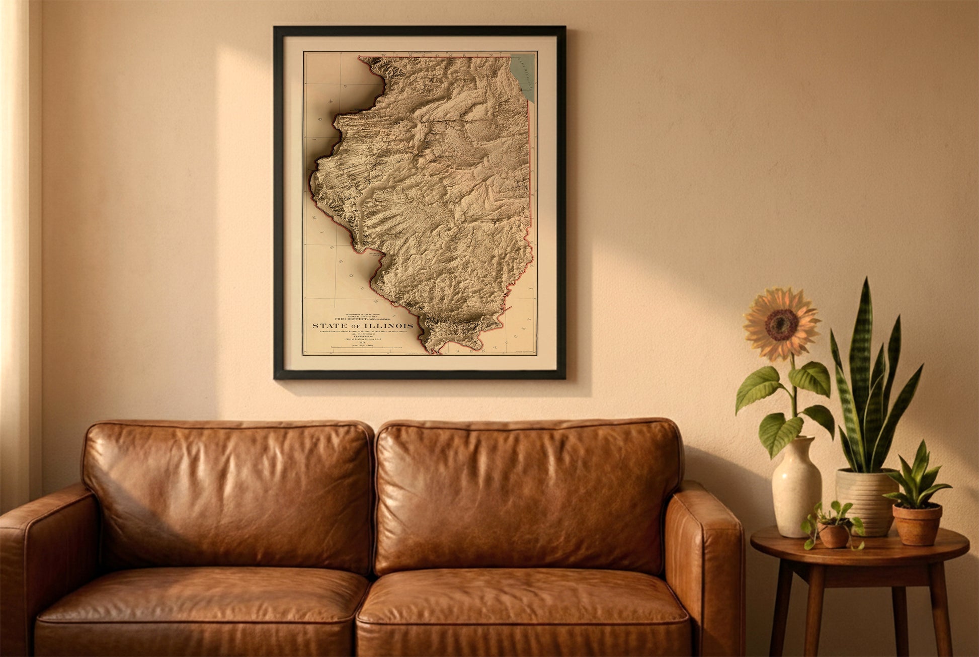Illinois vintage relief map in a black frame above a brown leather sofa. Boho living room with warm sunlight, sunflower, and indoor plants on a wooden side table
