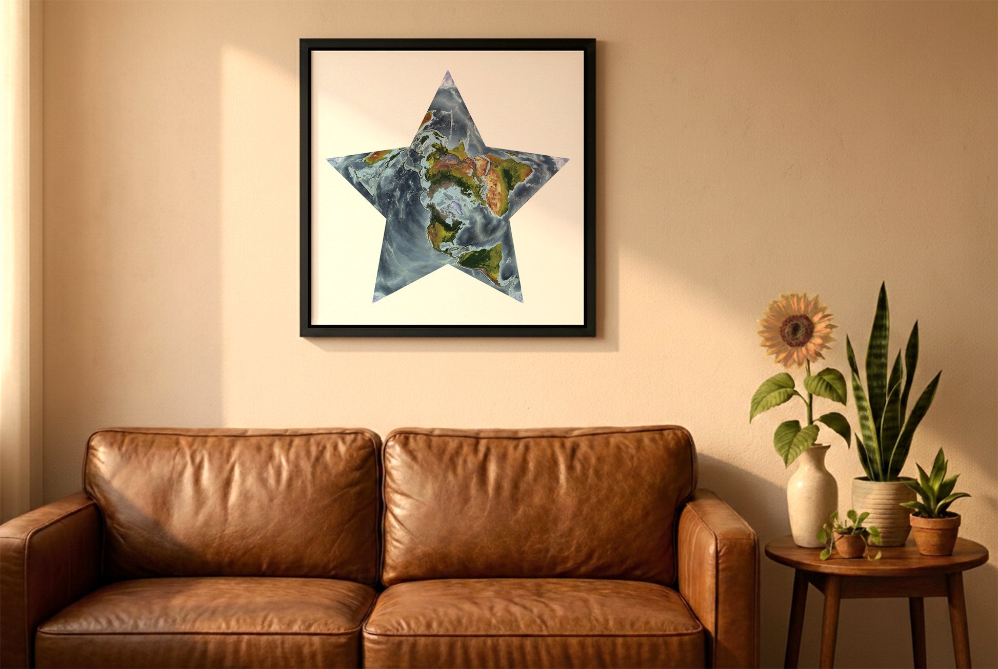 World relief map in berghaus projection in a black frame above a brown leather sofa. Boho living room with warm sunlight, sunflower, and indoor plants on a wooden side table