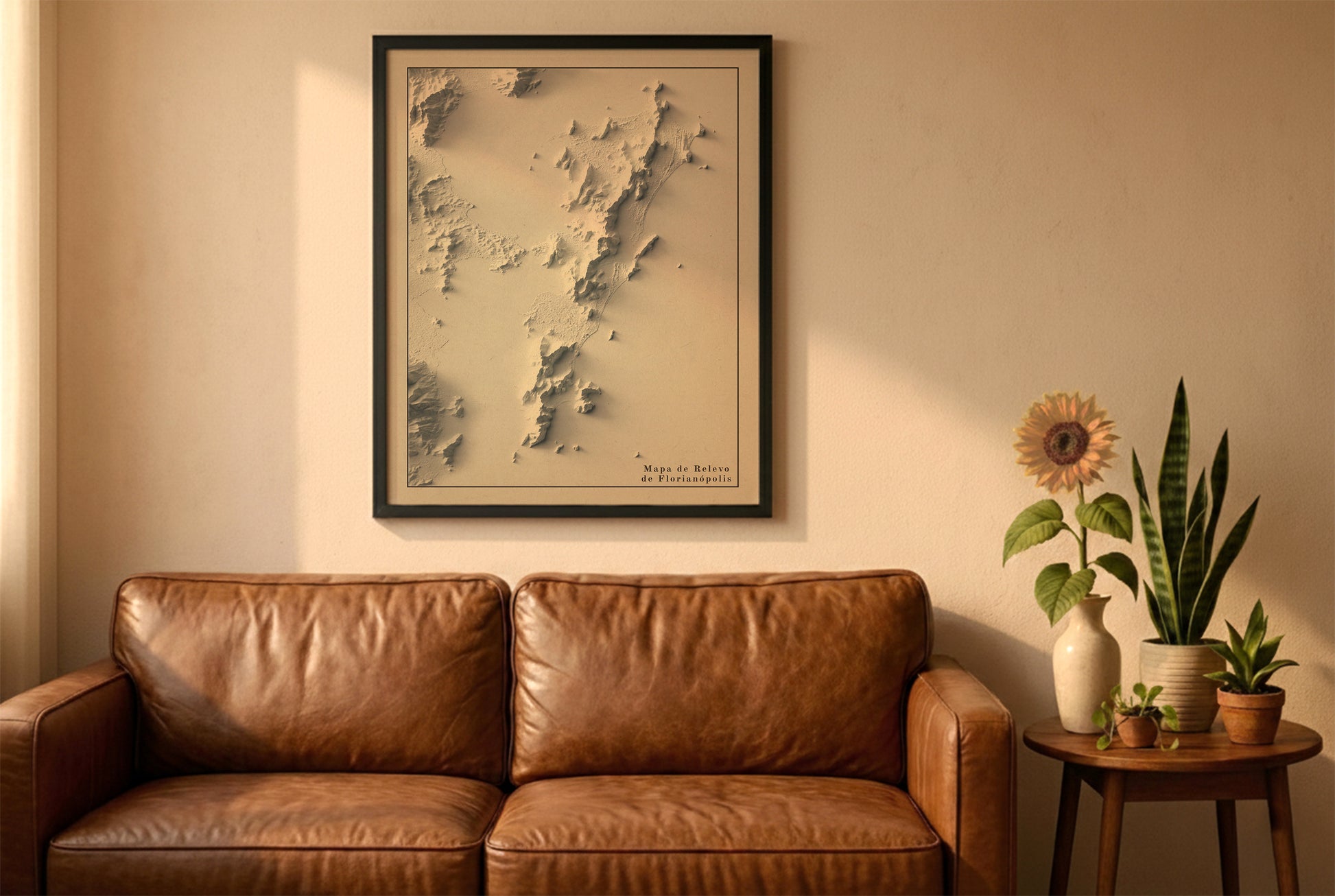 Florianopolis, Brazil, vintage relief map in a black frame above a brown leather sofa. Boho living room with warm sunlight, sunflower, and indoor plants on a wooden side table