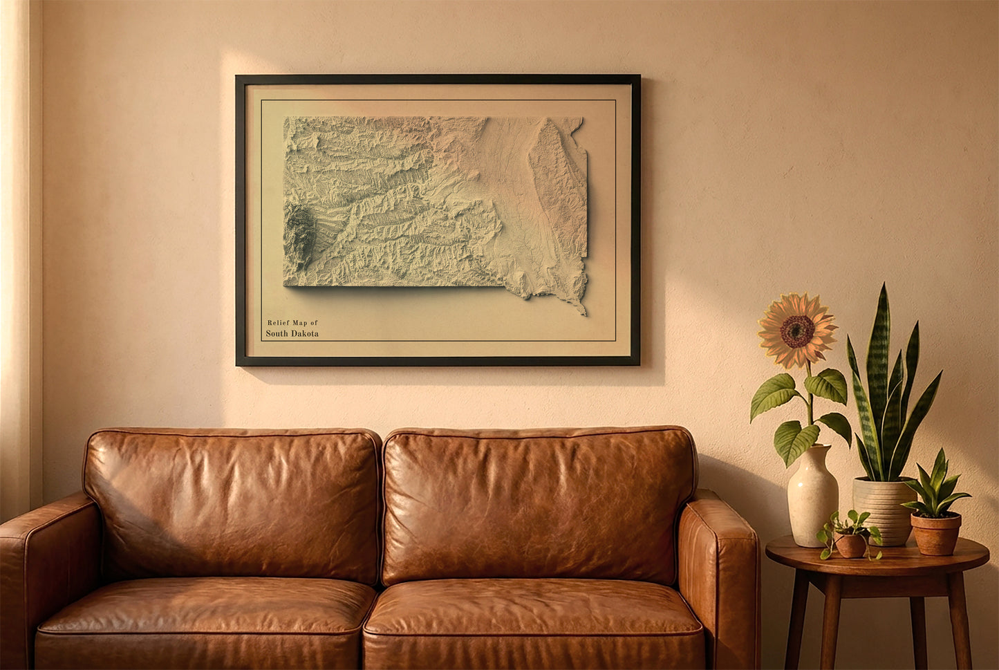 South Dakota vintage relief map in a black frame above a brown leather sofa. Boho living room with warm sunlight, sunflower, and indoor plants on a wooden side table
