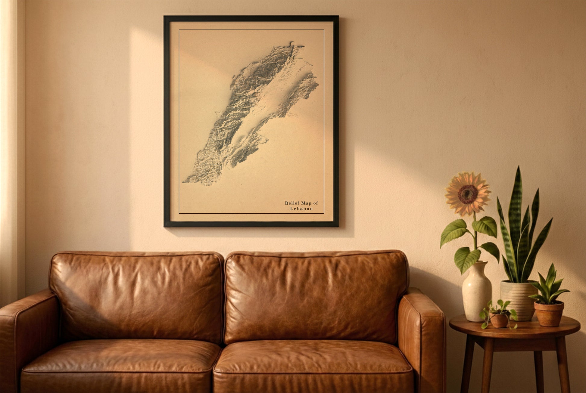 Lebanon vintage relief map in a black frame above a brown leather sofa. Boho living room with warm sunlight, sunflower, and indoor plants on a wooden side table