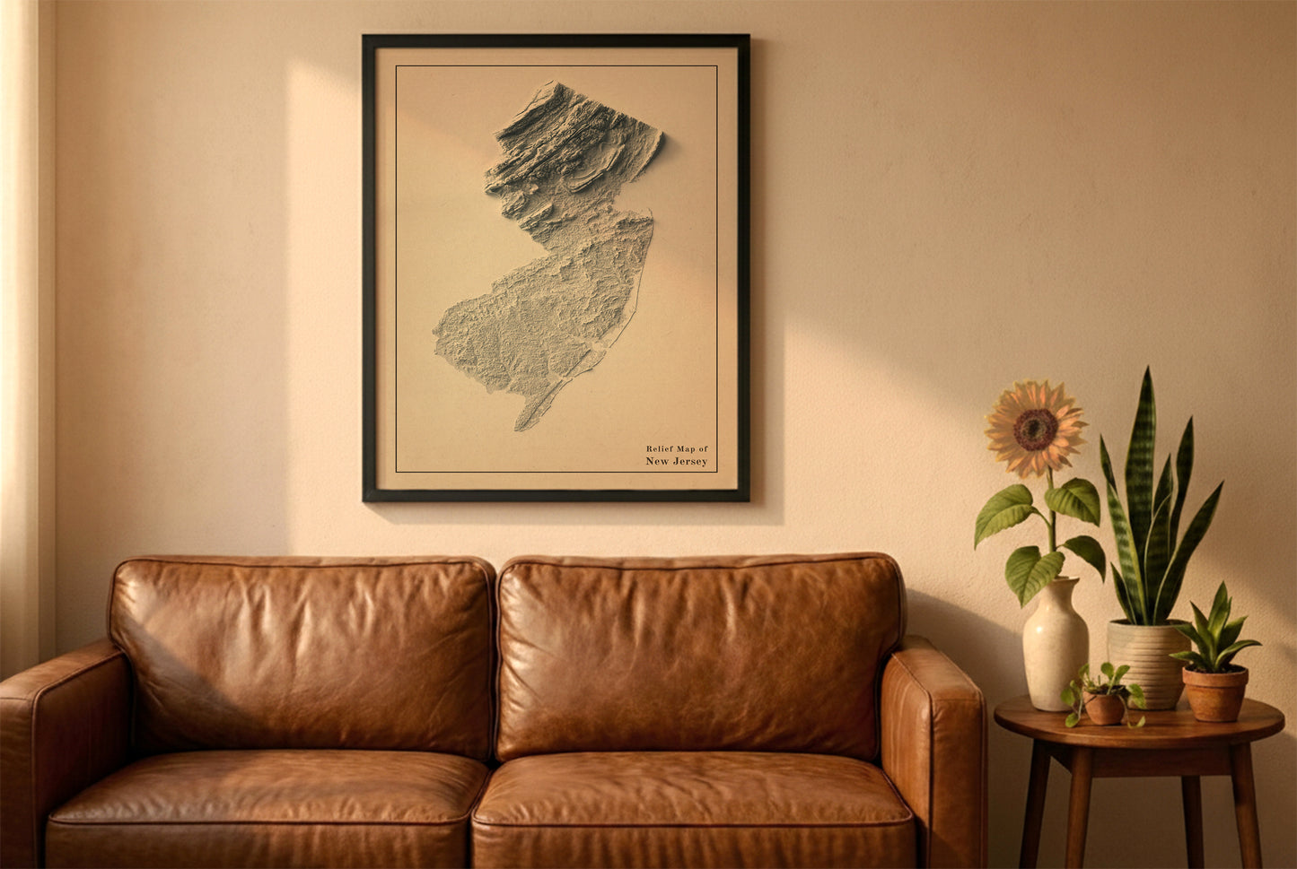 New Jersey vintage relief map in a black frame above a brown leather sofa. Boho living room with warm sunlight, sunflower, and indoor plants on a wooden side table