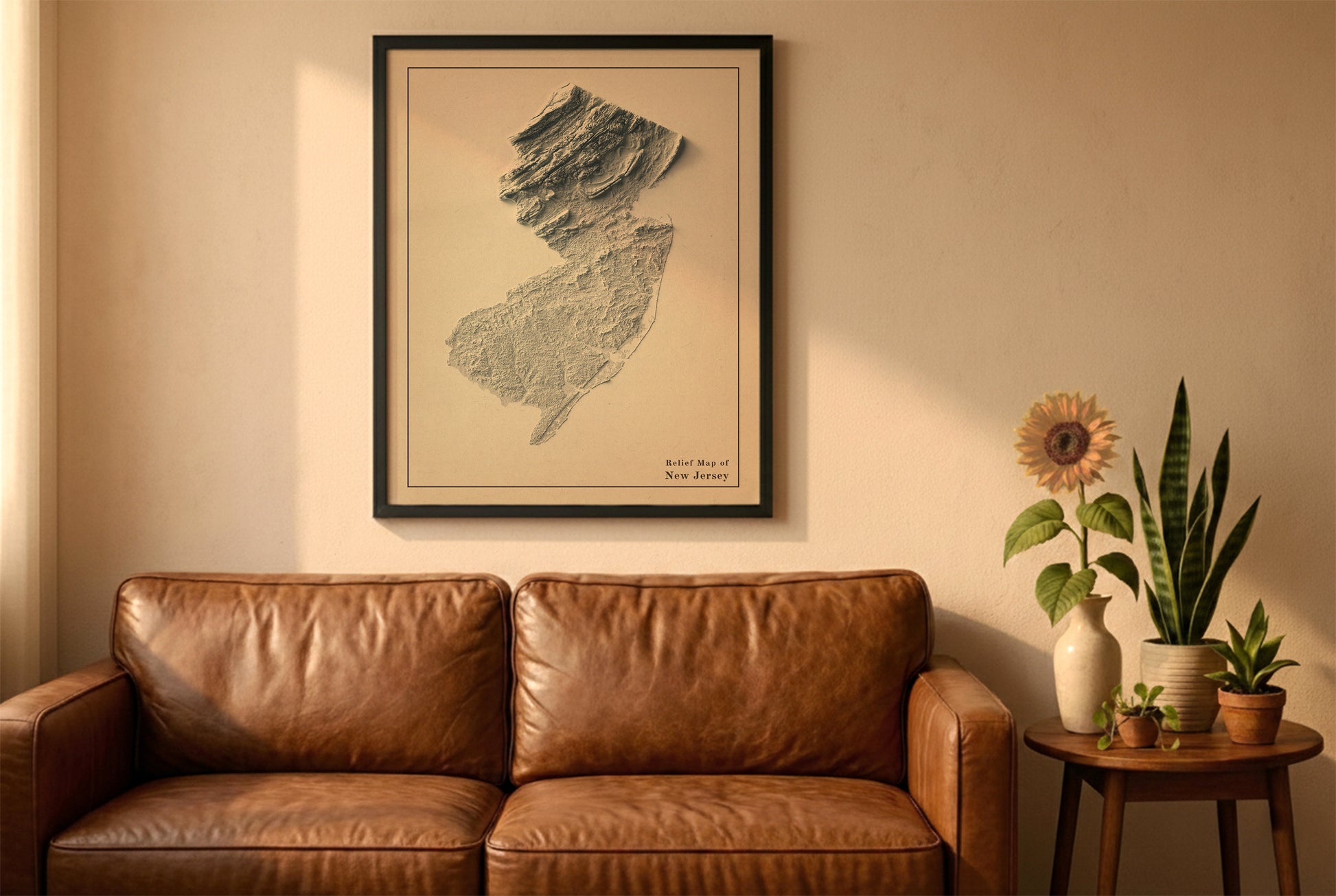 New Jersey vintage relief map in a black frame above a brown leather sofa. Boho living room with warm sunlight, sunflower, and indoor plants on a wooden side table