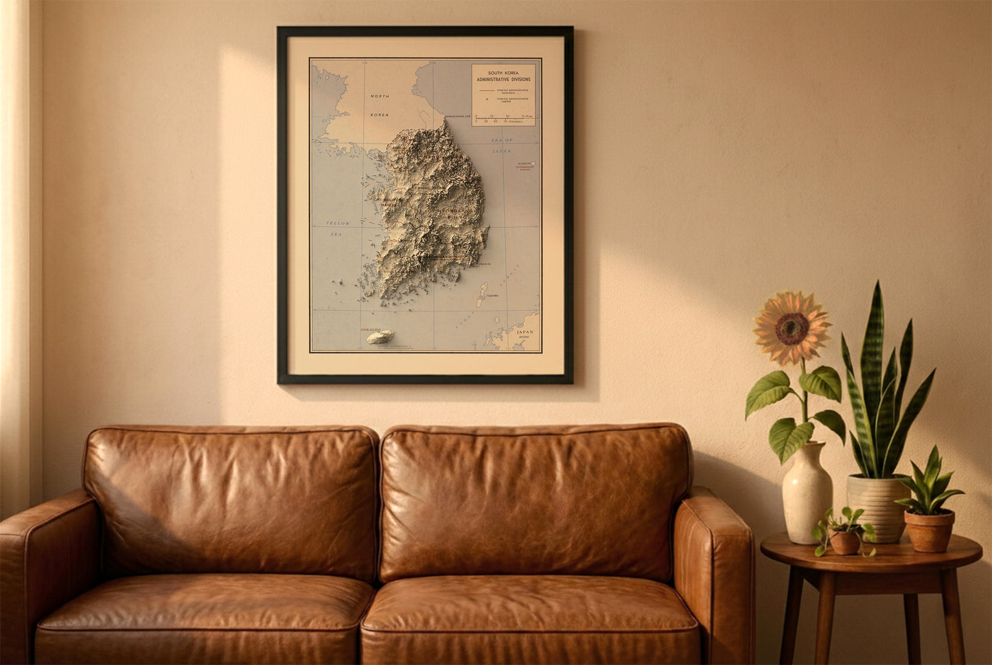 South Korea vintage relief map in a black frame above a brown leather sofa. Boho living room with warm sunlight, sunflower, and indoor plants on a wooden side table