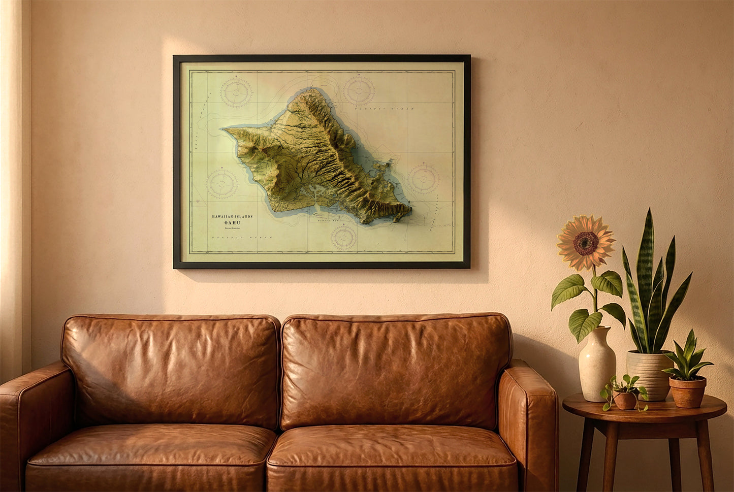Oahu, Hawaii, vintage relief map in a black frame above a brown leather sofa. Boho living room with warm sunlight, sunflower, and indoor plants on a wooden side table