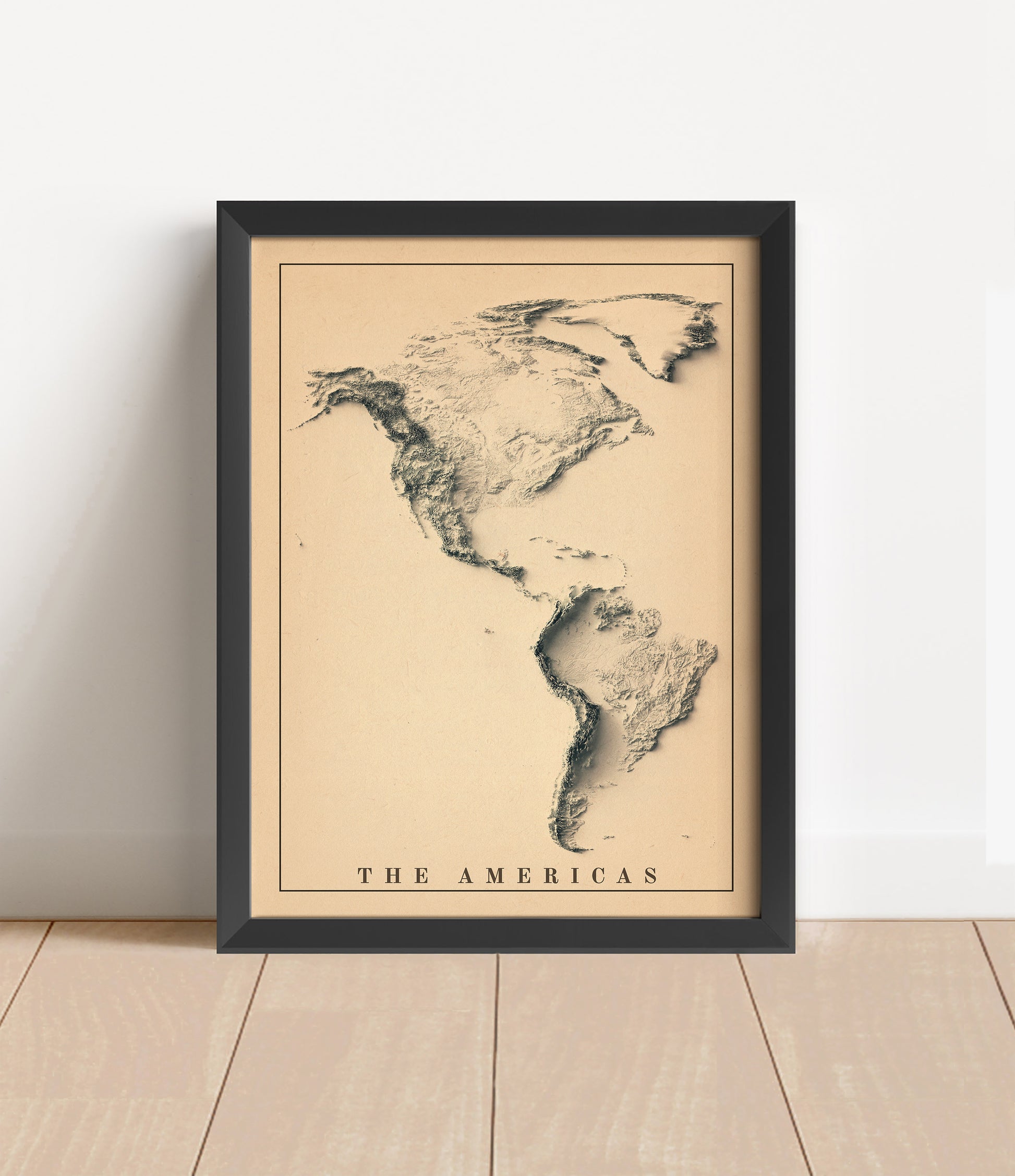 Vintage The Americas shaded relief map in black frame. Artistic print with realistic terrain effect for wall decor