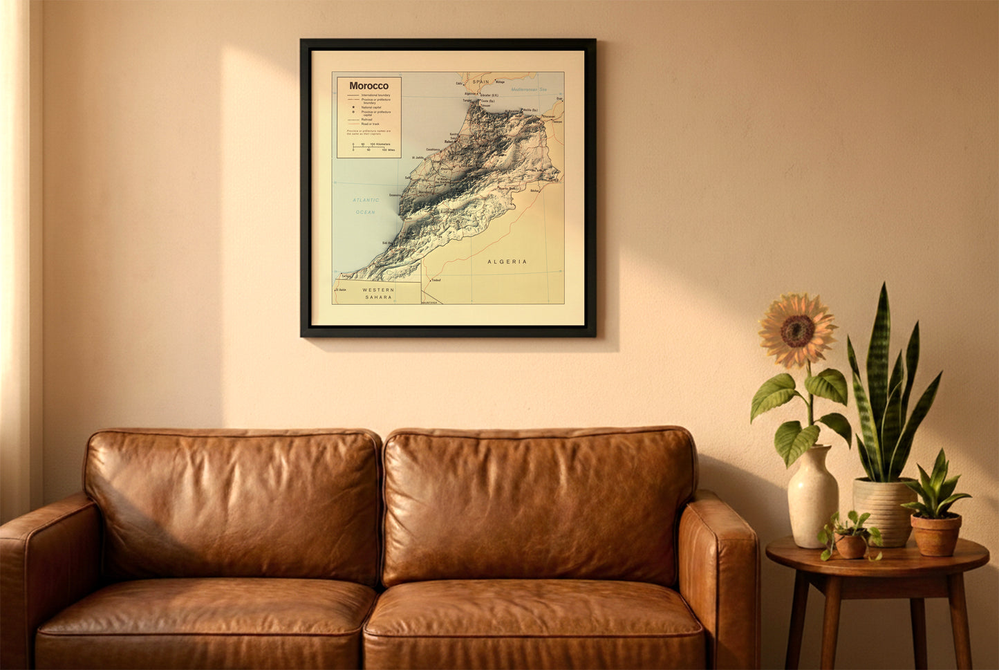 Morocco vintage relief map in a black frame above a brown leather sofa. Boho living room with warm sunlight, sunflower, and indoor plants on a wooden side table