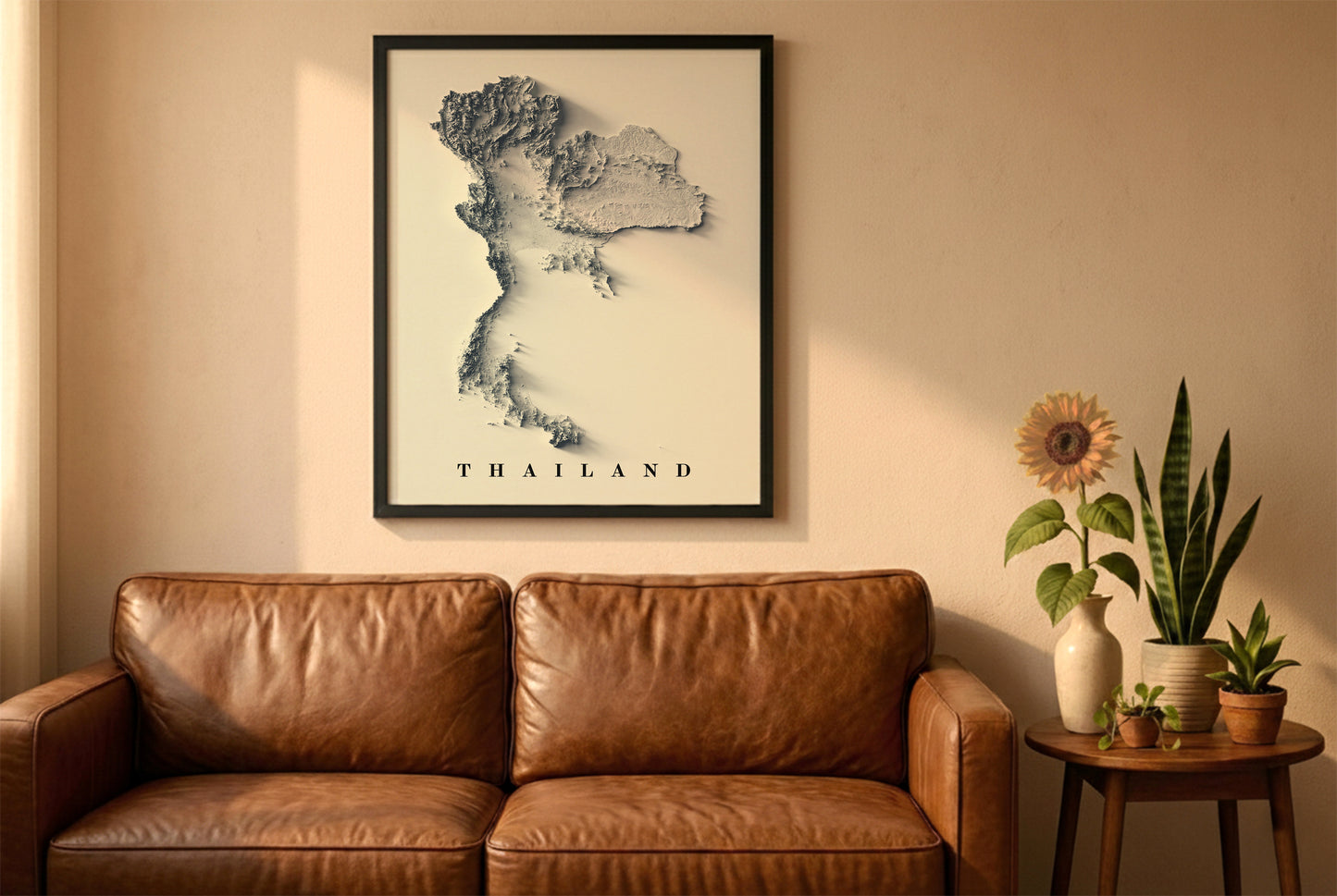 Thailand relief map in a black frame above a brown leather sofa. Boho living room with warm sunlight, sunflower, and indoor plants on a wooden side table