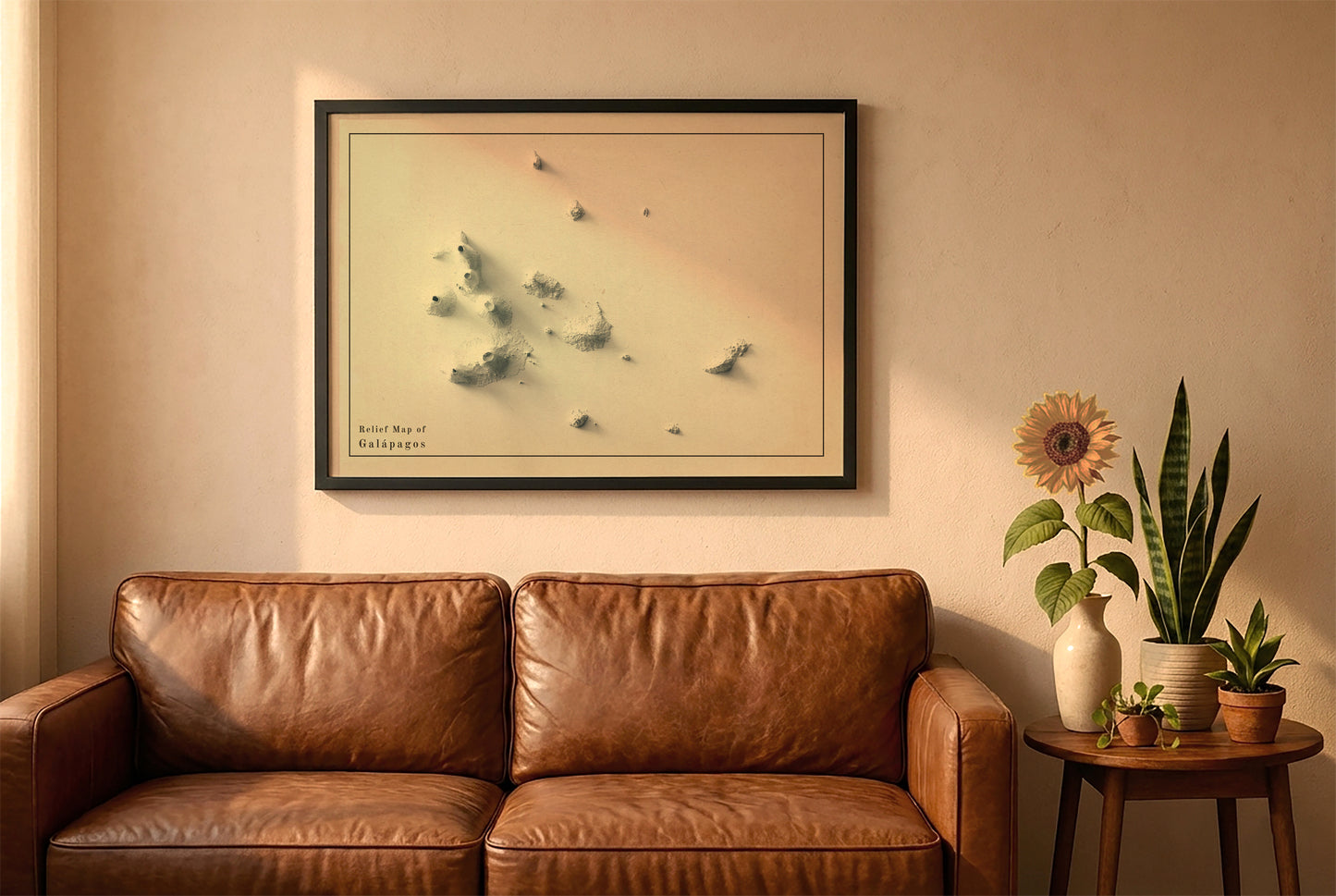 Galapagos, Ecuador, vintage relief map in a black frame above a brown leather sofa. Boho living room with warm sunlight, sunflower, and indoor plants on a wooden side table
