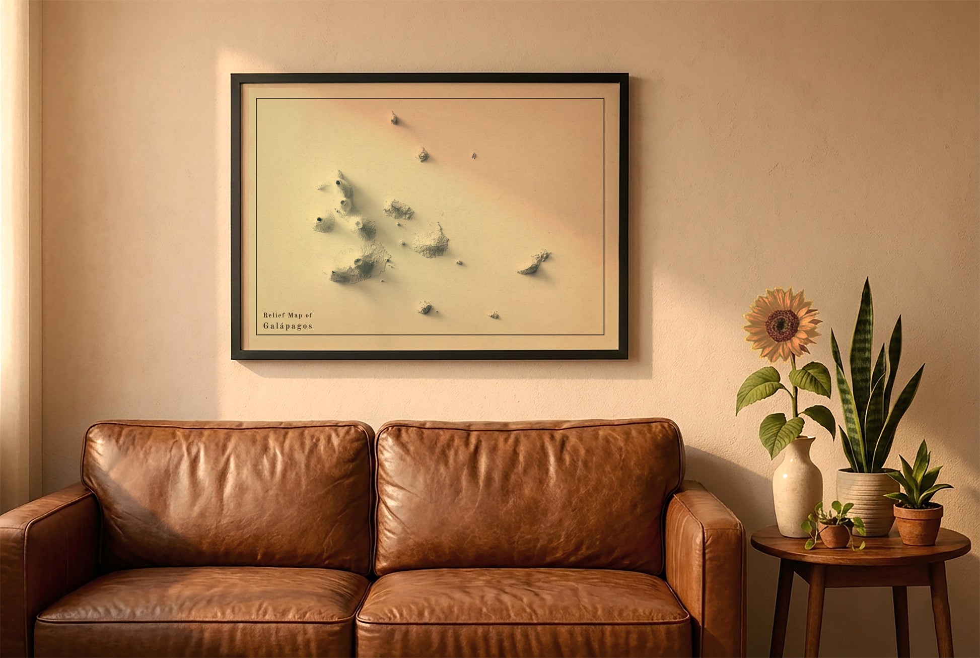 Galapagos, Ecuador, vintage relief map in a black frame above a brown leather sofa. Boho living room with warm sunlight, sunflower, and indoor plants on a wooden side table