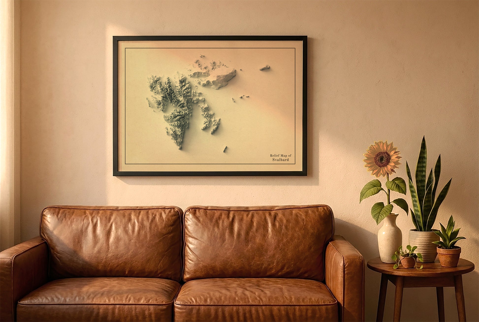 Svalbard, Norway, vintage relief map in a black frame above a brown leather sofa. Boho living room with warm sunlight, sunflower, and indoor plants on a wooden side table