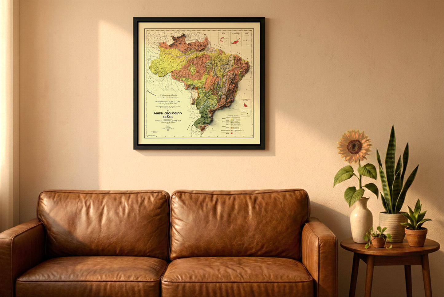 Brazil vintage relief map in a black frame above a brown leather sofa. Boho living room with warm sunlight, sunflower, and indoor plants on a wooden side table