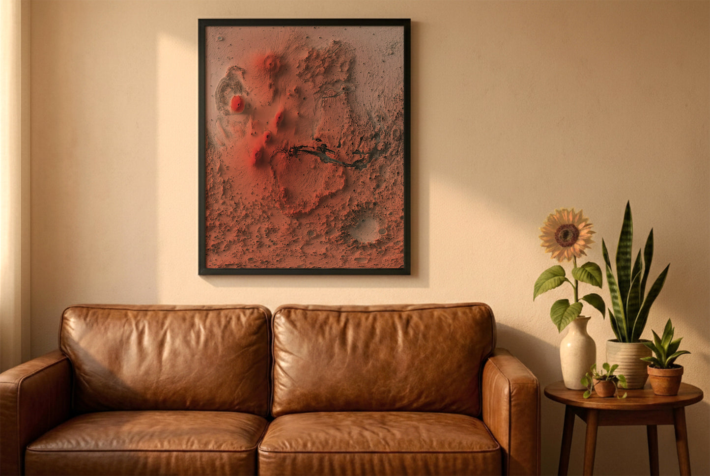 Mars relief map in a black frame above a brown leather sofa. Boho living room with warm sunlight, sunflower, and indoor plants on a wooden side table