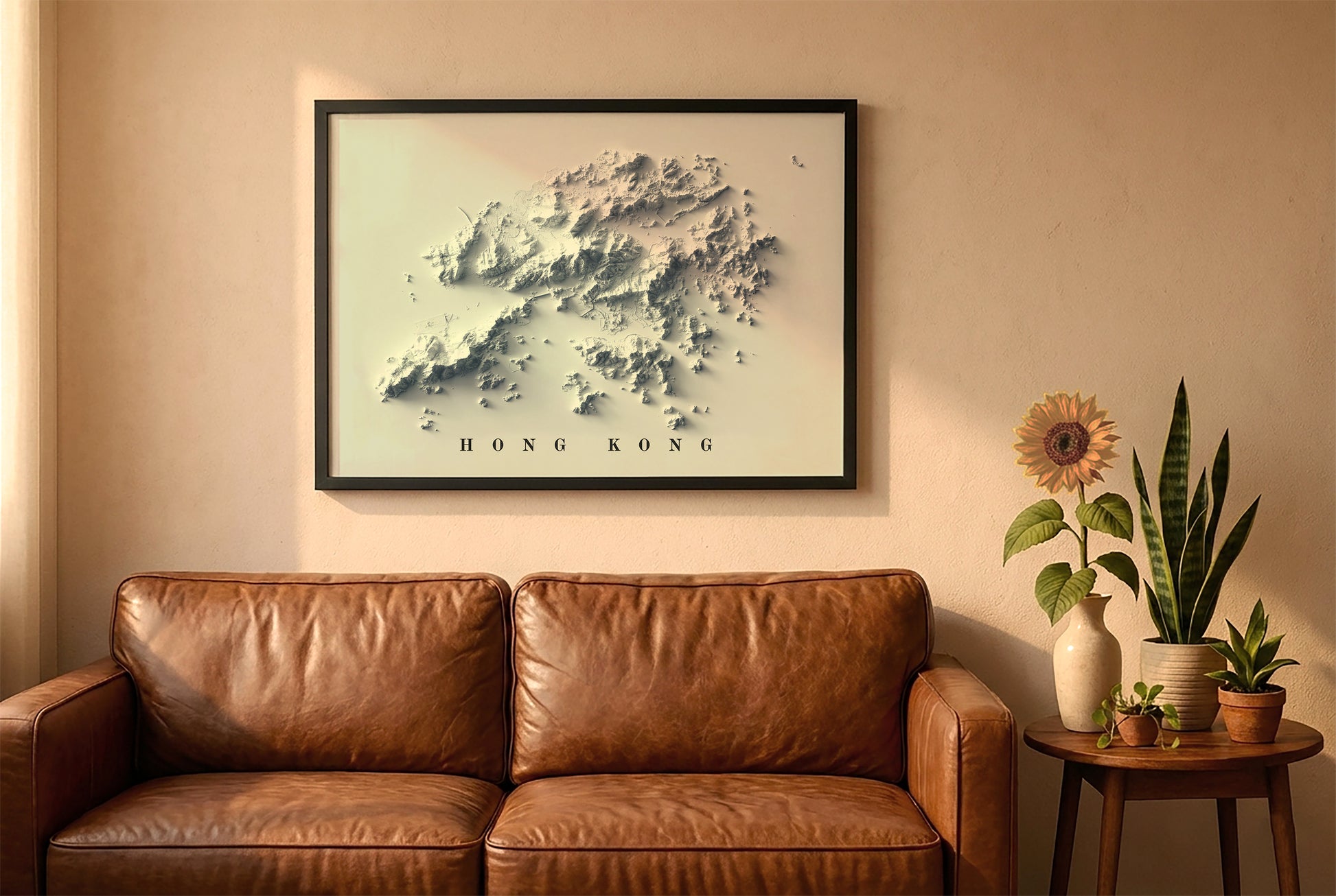Hong Kong relief map in a black frame above a brown leather sofa. Boho living room with warm sunlight, sunflower, and indoor plants on a wooden side table