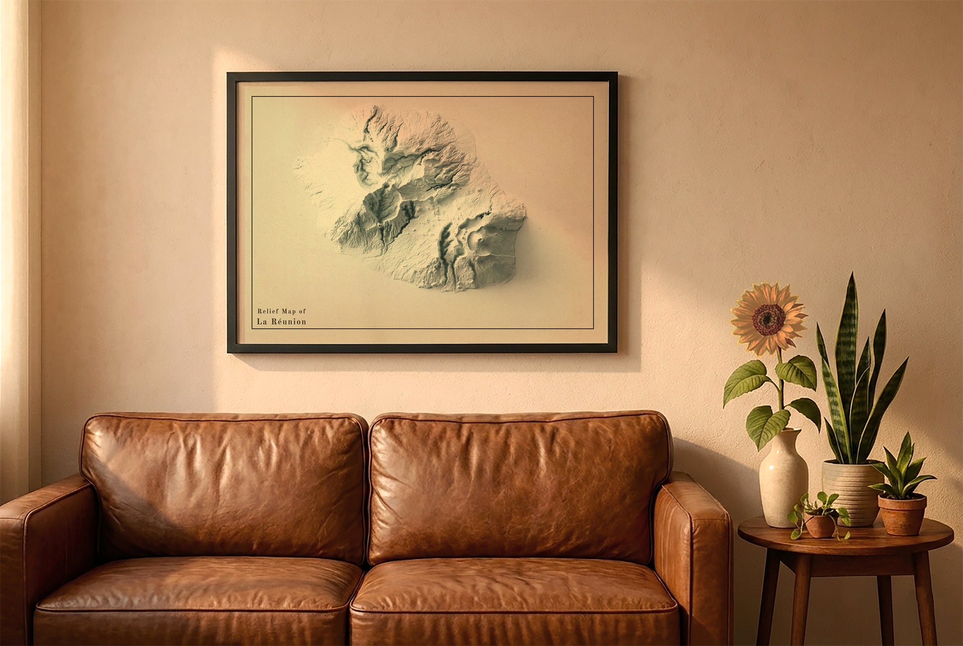 Reunion, France, vintage relief map in a black frame above a brown leather sofa. Boho living room with warm sunlight, sunflower, and indoor plants on a wooden side table
