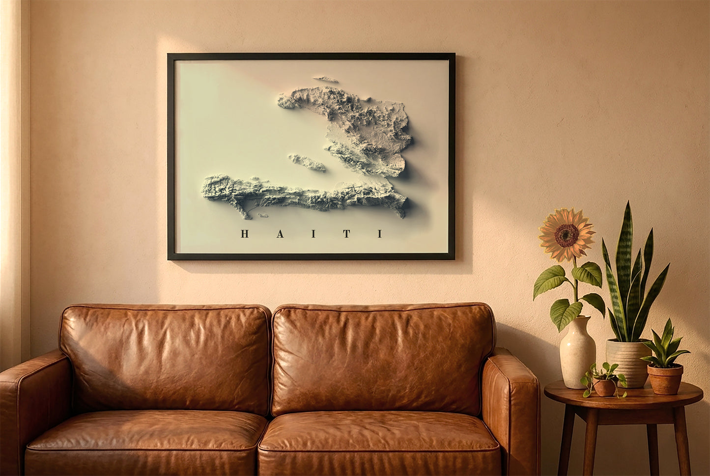 Haiti relief map in a black frame above a brown leather sofa. Boho living room with warm sunlight, sunflower, and indoor plants on a wooden side table