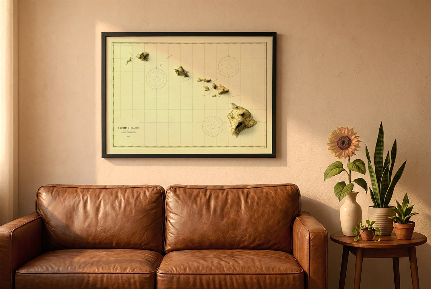 Hawaii vintage relief map in a black frame above a brown leather sofa. Boho living room with warm sunlight, sunflower, and indoor plants on a wooden side table