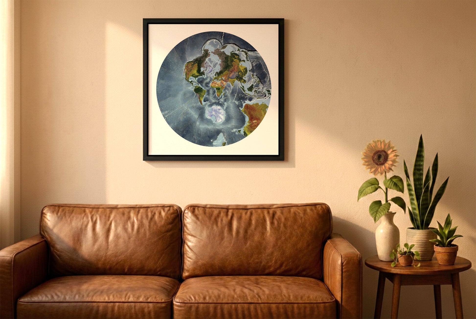 World relief map in stereographic projection in a black frame above a brown leather sofa. Boho living room with warm sunlight, sunflower, and indoor plants on a wooden side table