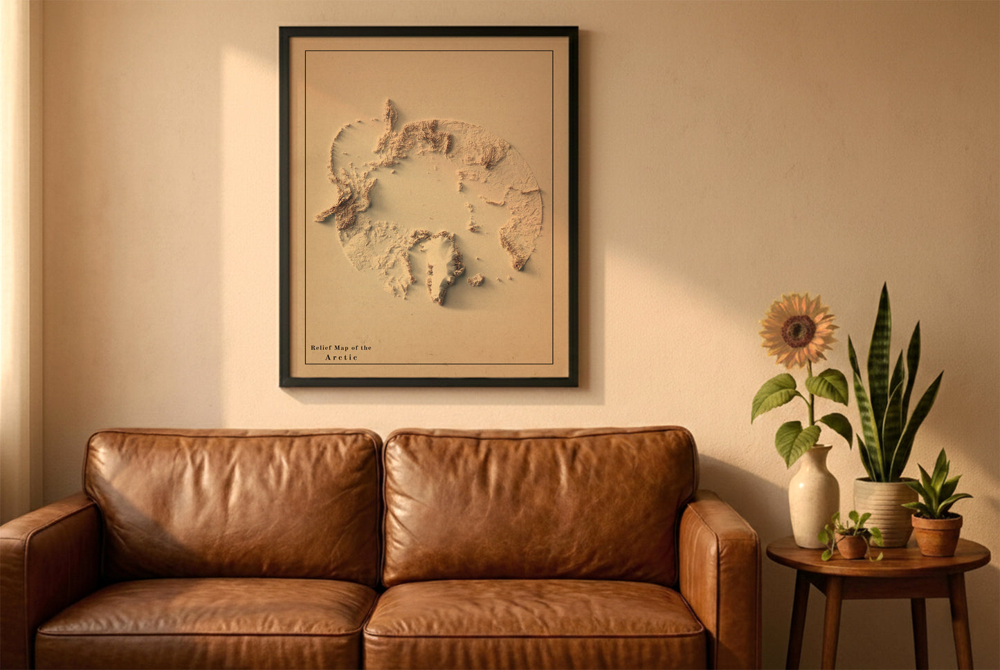 Arctic vintage relief map in a black frame above a brown leather sofa. Boho living room with warm sunlight, sunflower, and indoor plants on a wooden side table