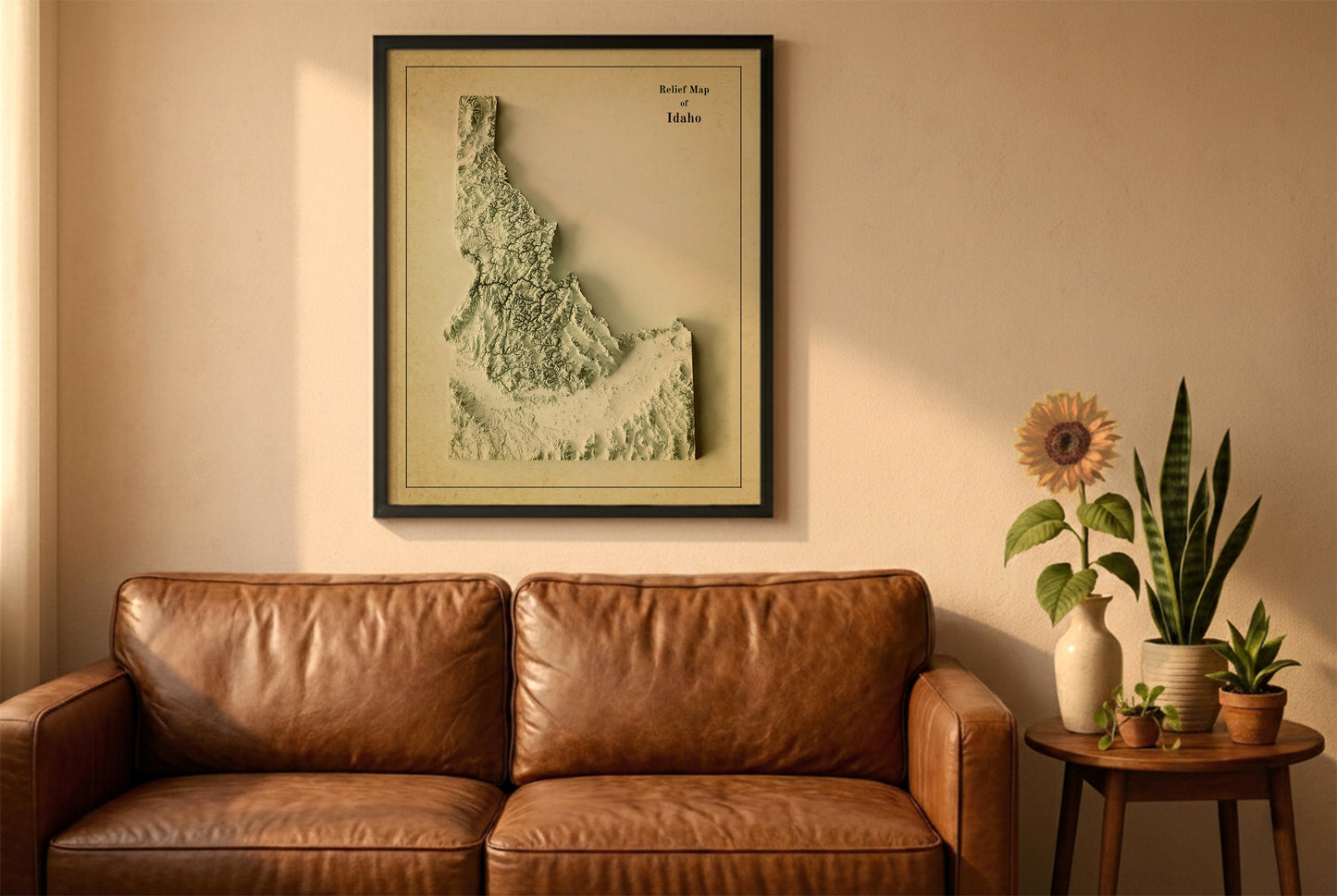 Idaho vintage relief map in a black frame above a brown leather sofa. Boho living room with warm sunlight, sunflower, and indoor plants on a wooden side table