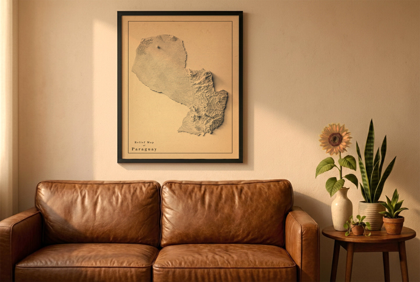 Paraguay vintage relief map in a black frame above a brown leather sofa. Boho living room with warm sunlight, sunflower, and indoor plants on a wooden side table