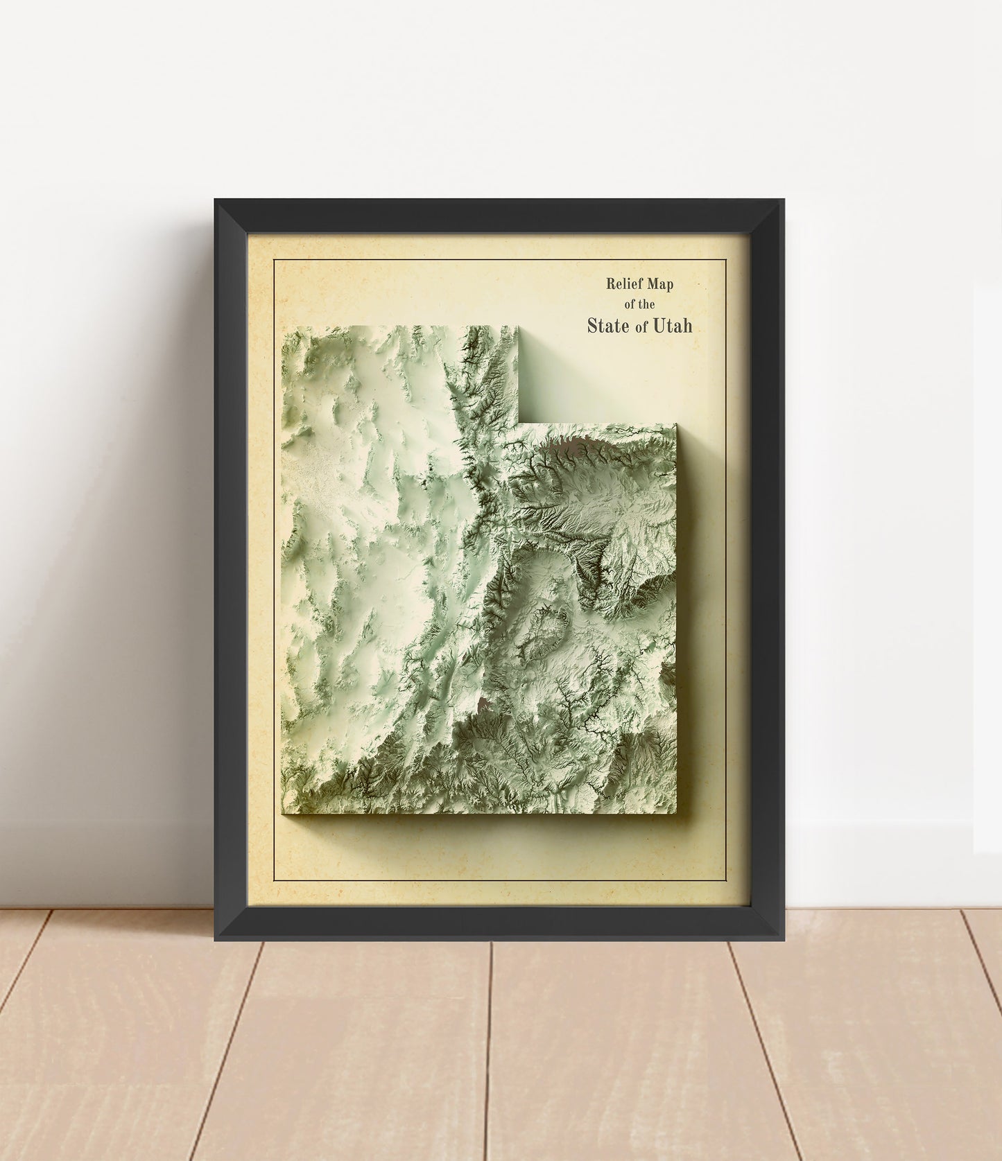 Vintage Utah shaded relief map in black frame. Artistic print with realistic terrain effect for wall decor